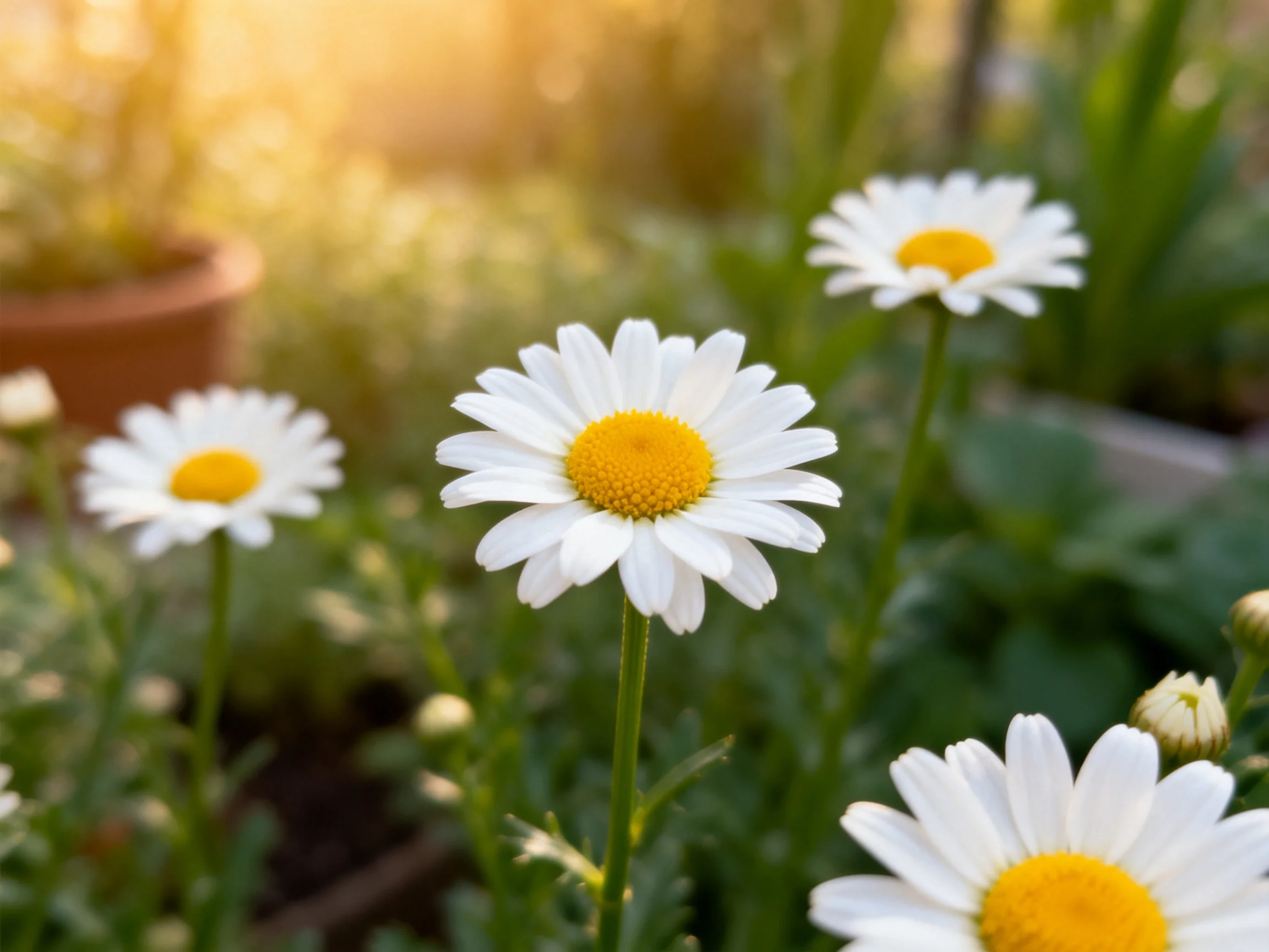 Four white daisies with yellow centers bloom in a sunlit garden