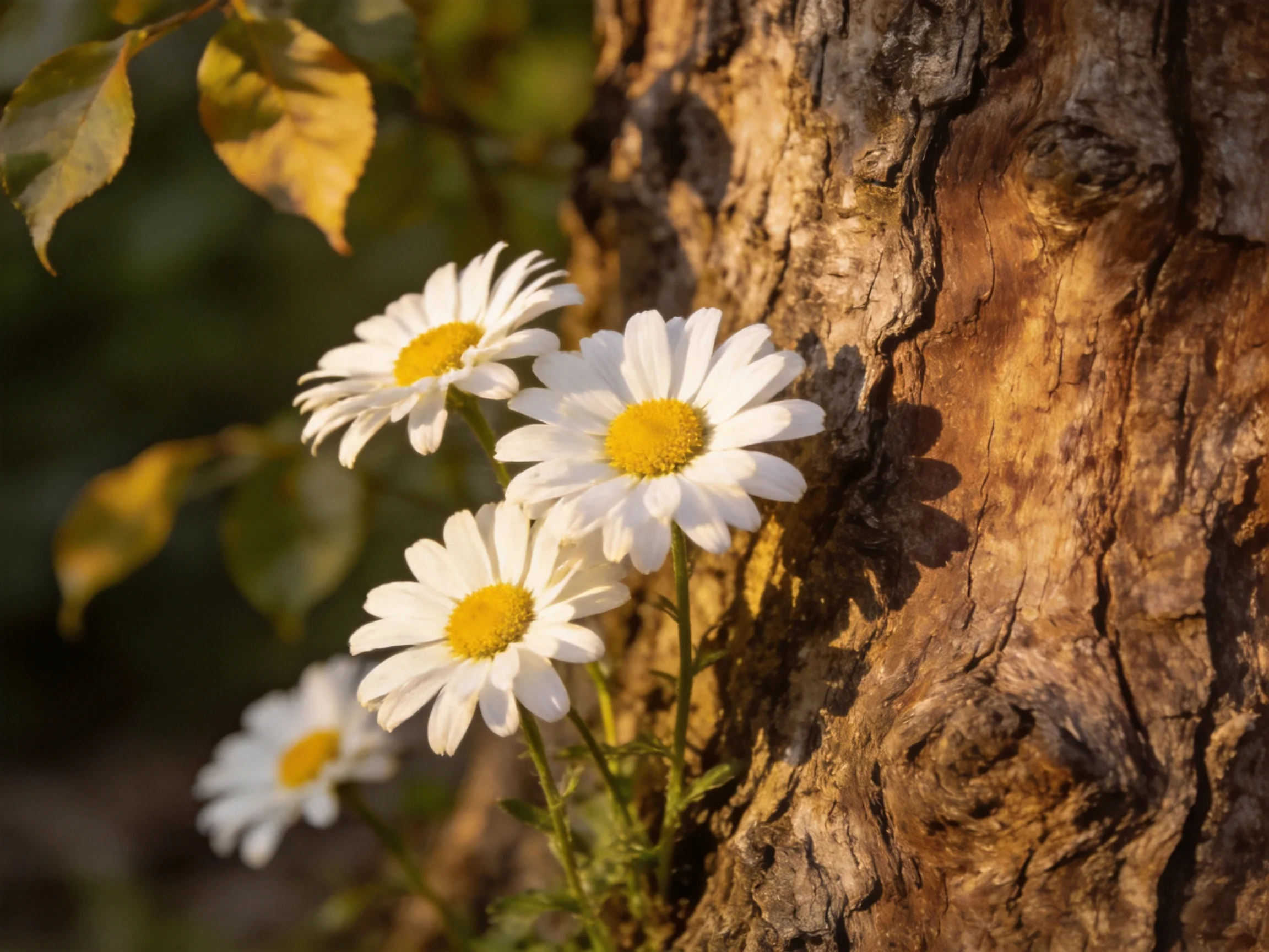 Four white daisies with yellow centers grow beside a textured brown tree trunk