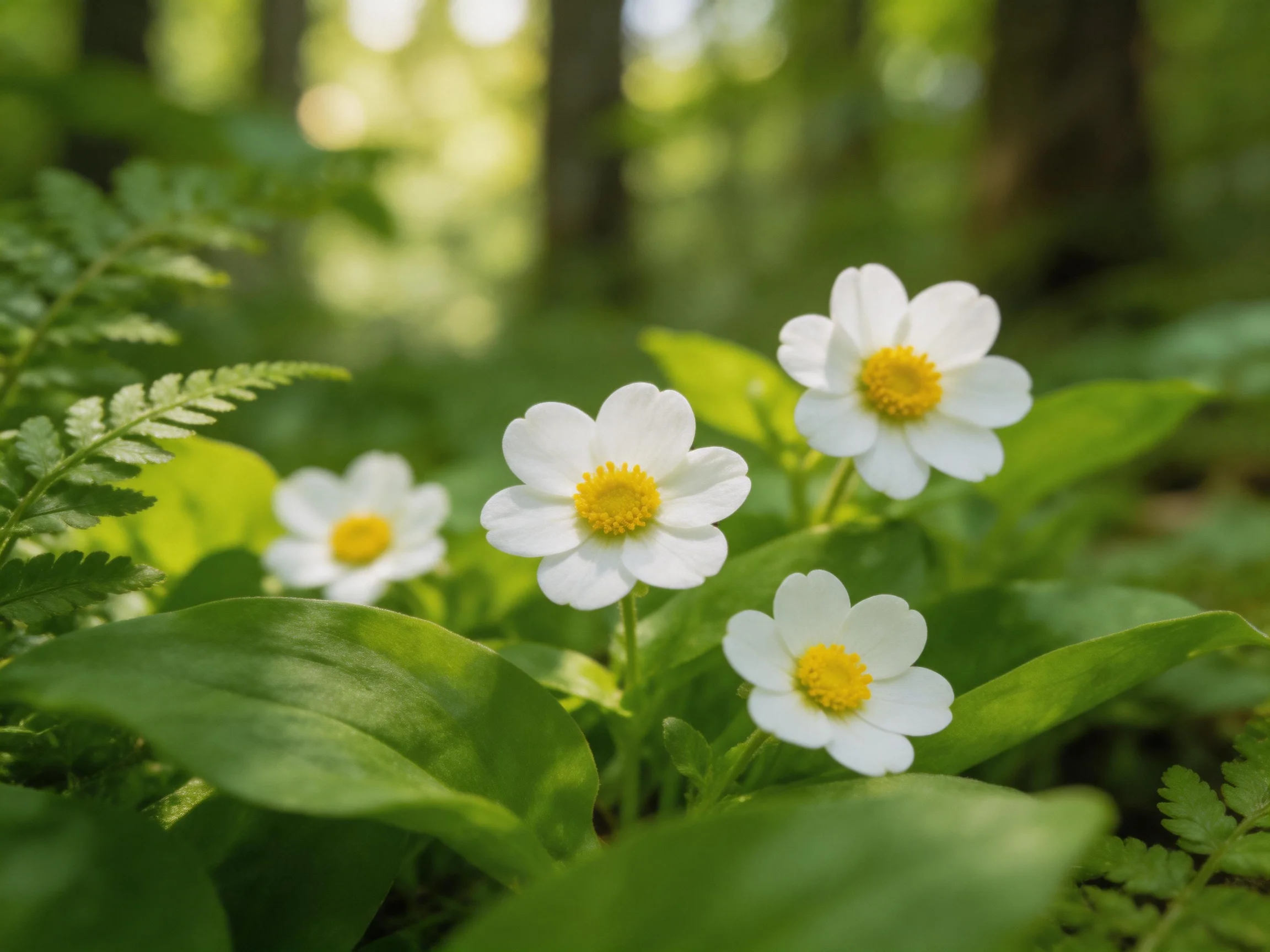 Four white flowers with yellow centers bloom amid lush green foliage in a forest glade.
