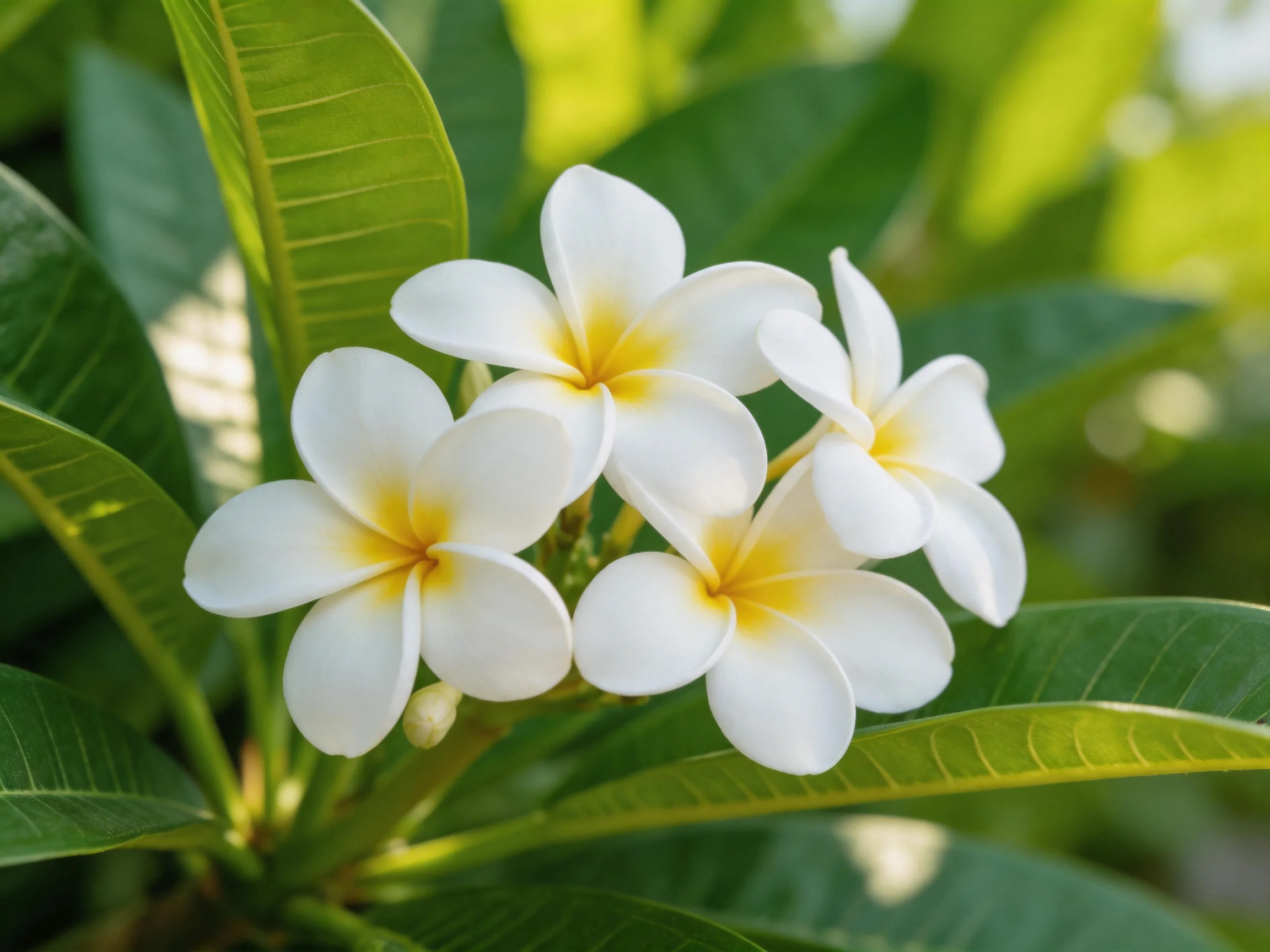 Four white frangipani blooms with yellow centers amid glossy green foliage