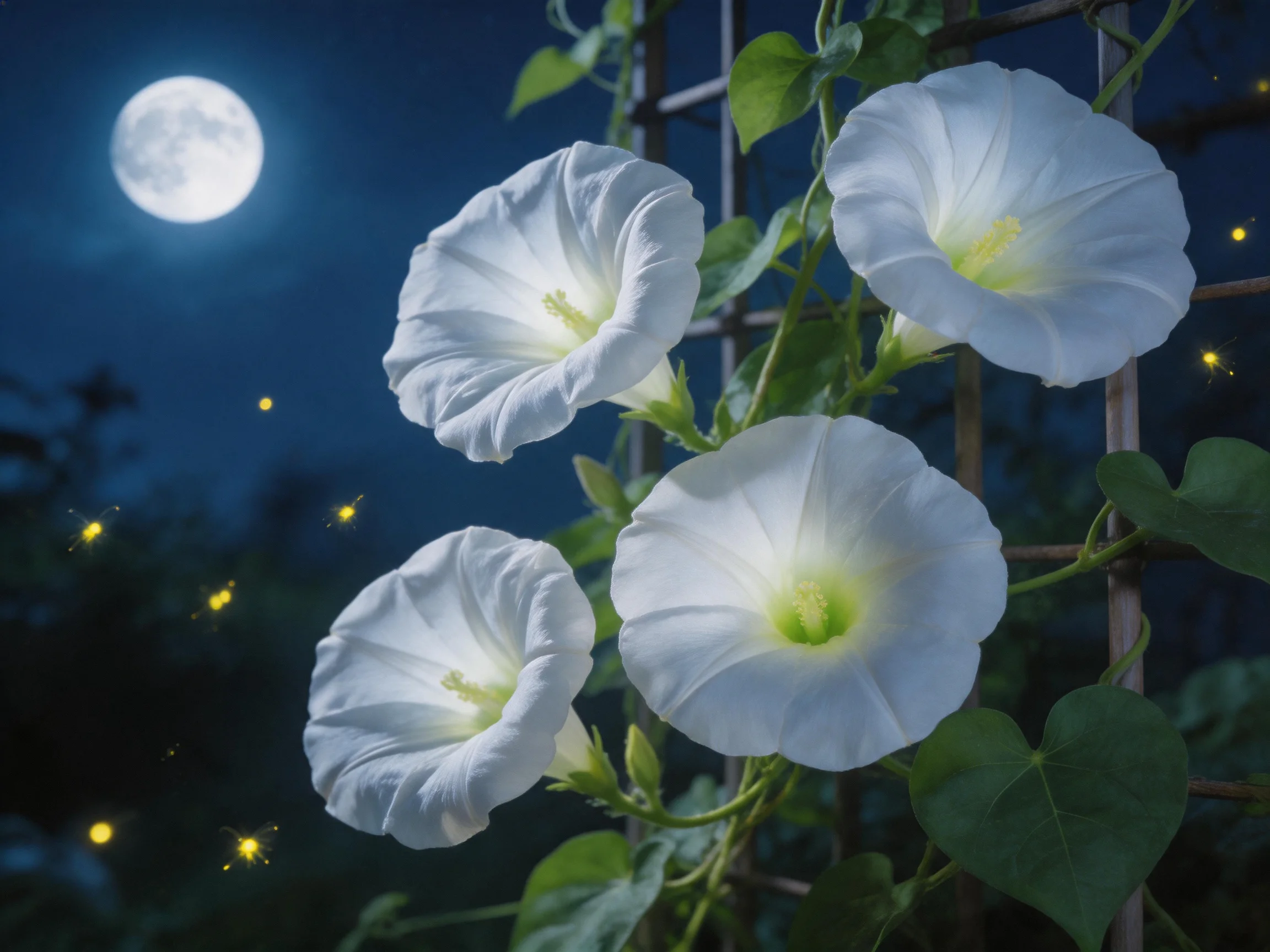 Four white morning glories bloom near a glowing moon with fireflies