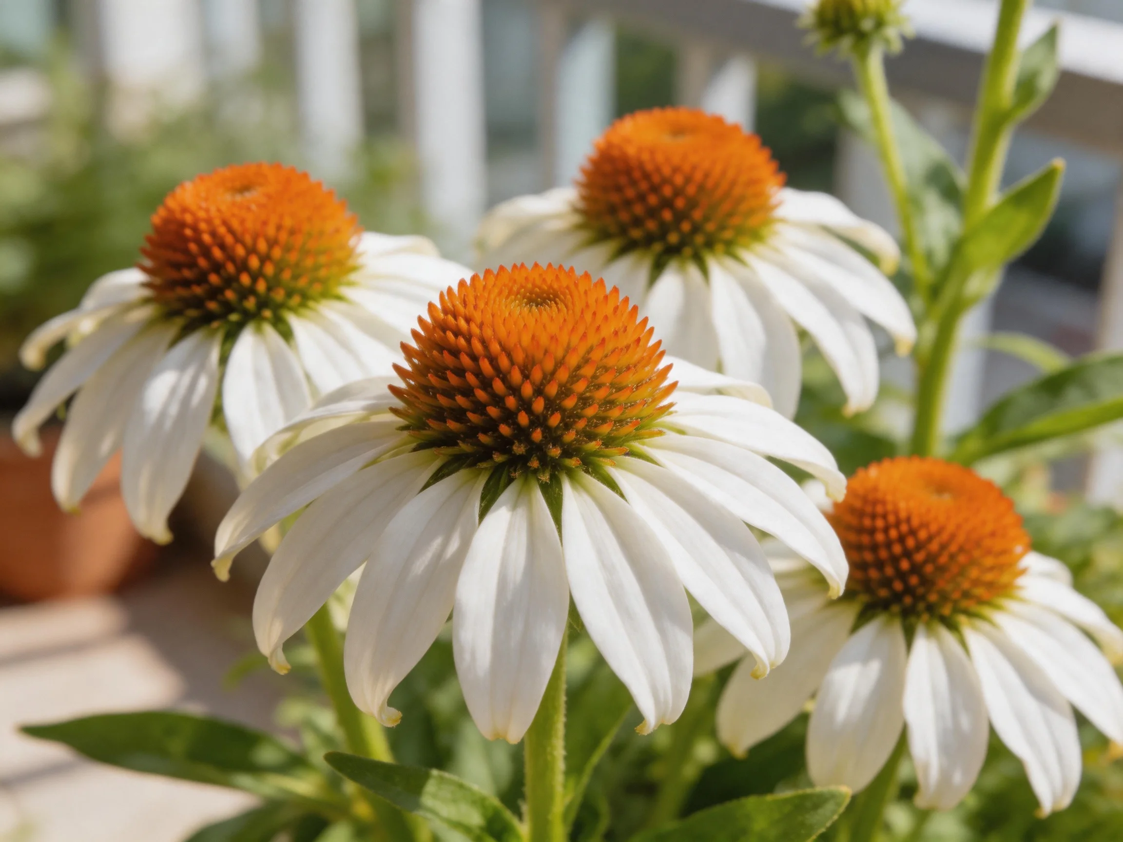 Four white-petaled coneflowers with orange centers bloom in a sunny garden
