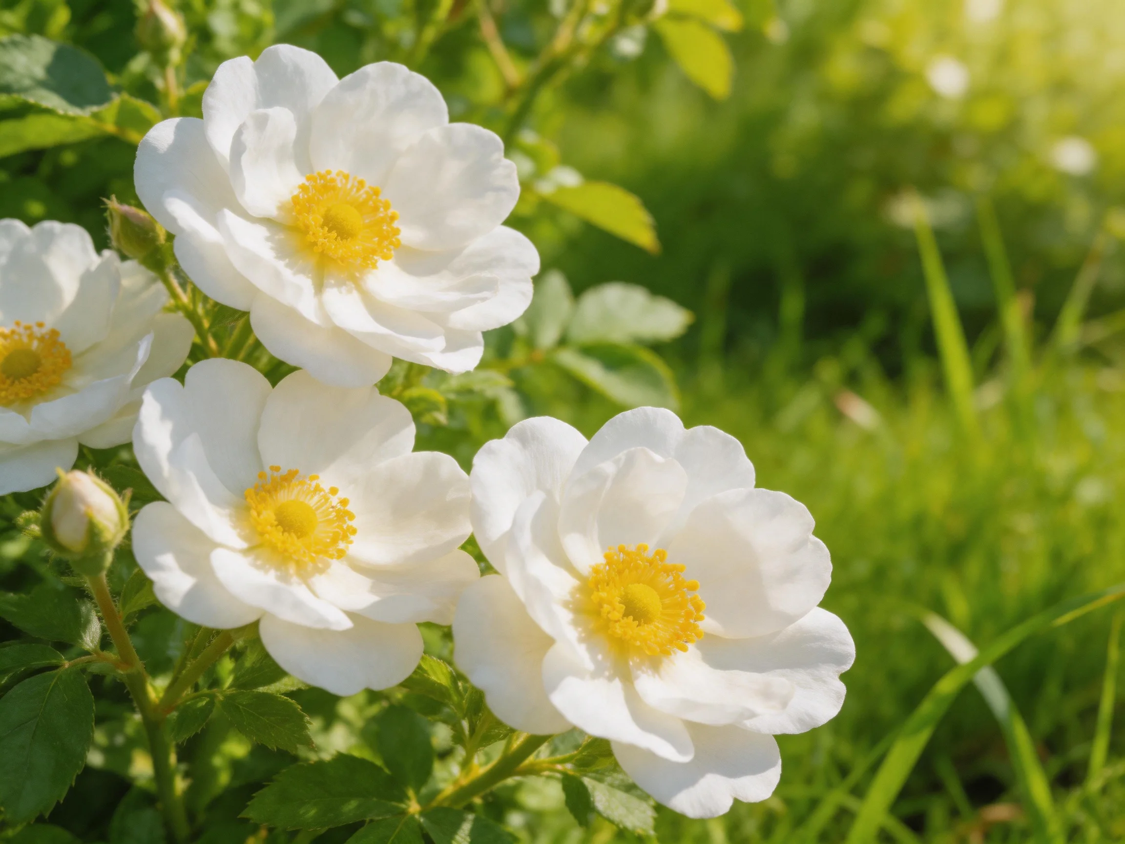 Four white roses with yellow centers in a sunlit garden