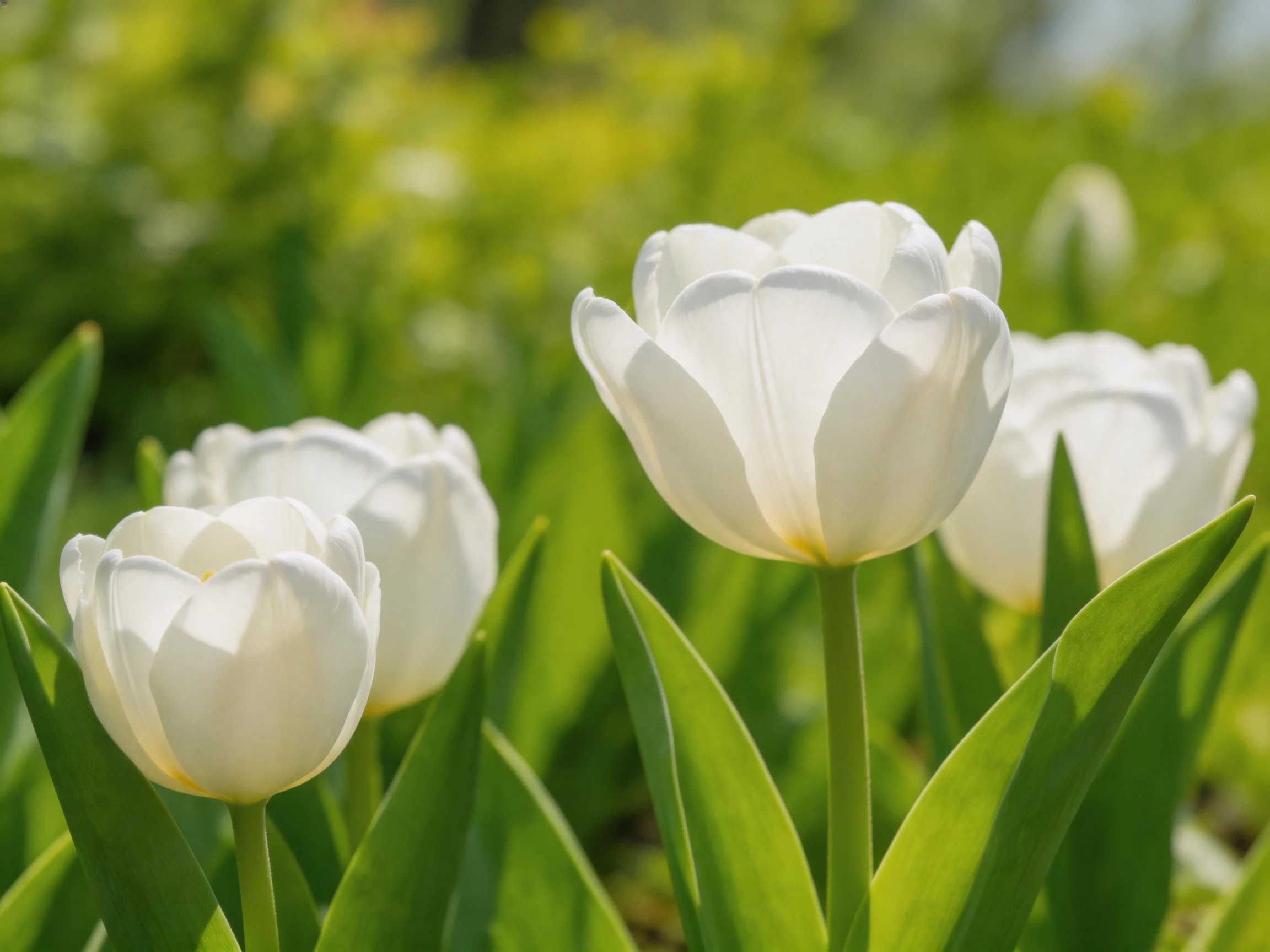 Four white tulips bloom amid lush green foliage under bright sunlight
