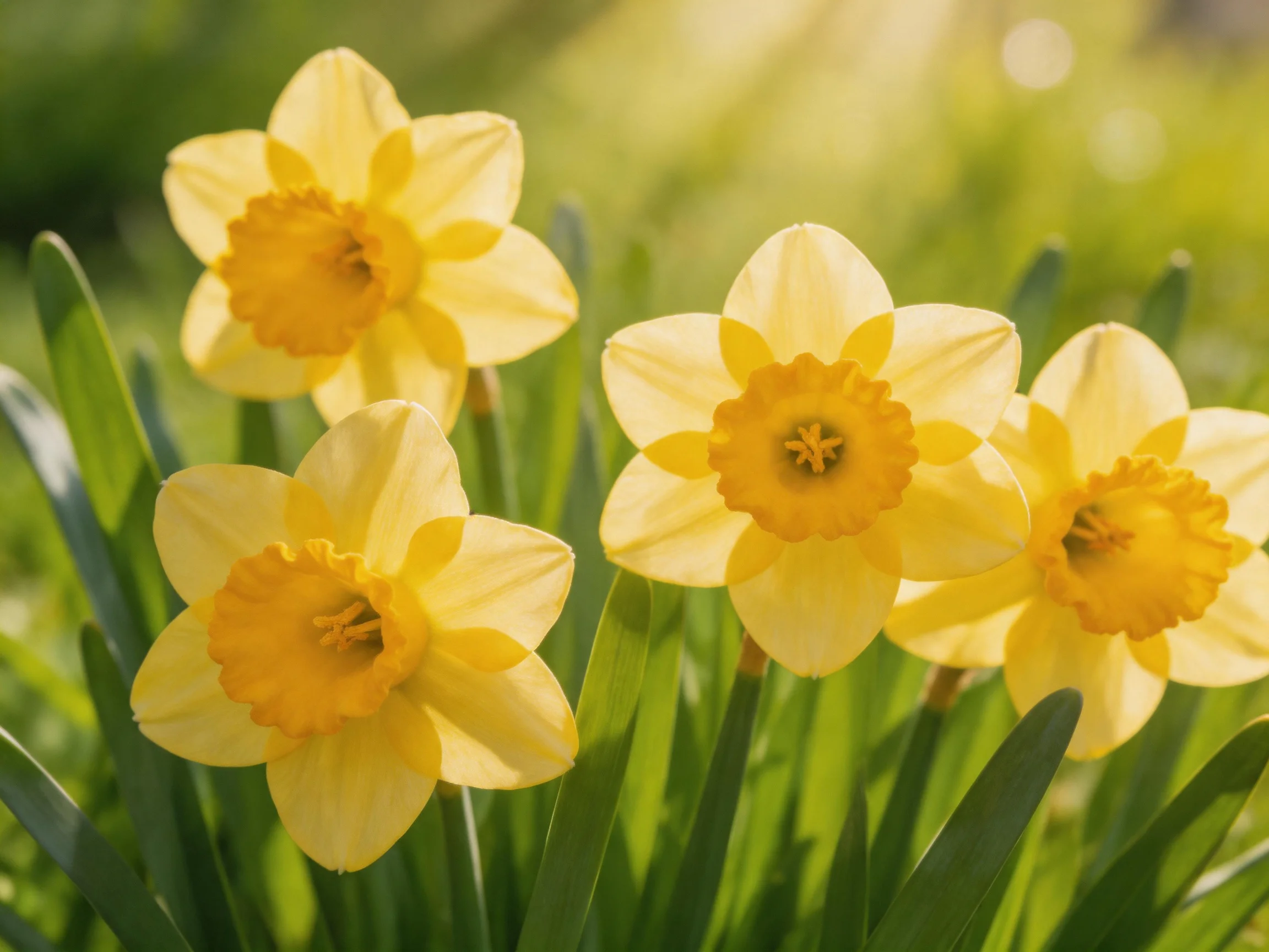 Four yellow daffodils with golden centers bloom among green leaves