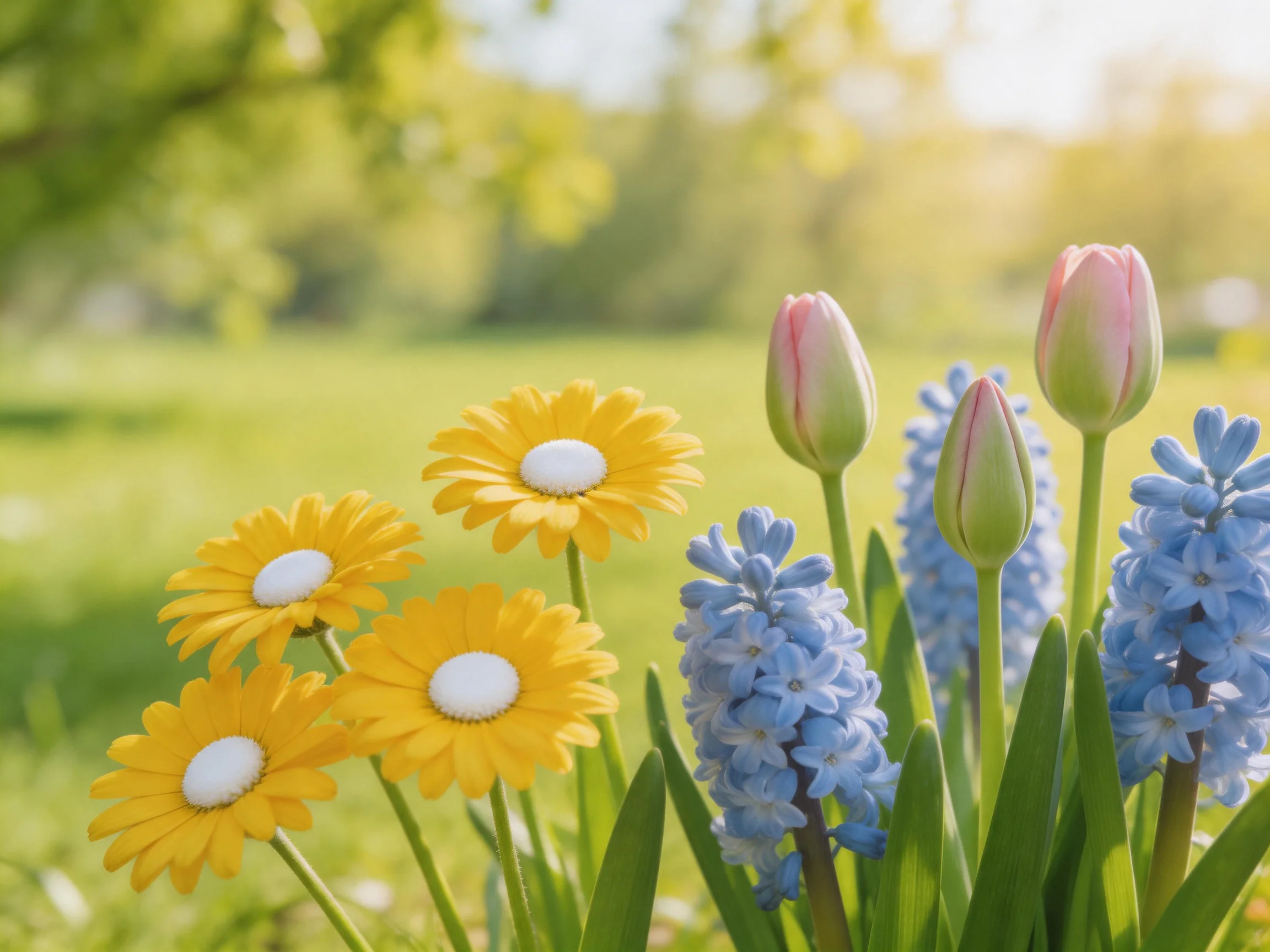 Four yellow daisies, two pink tulips, blue hyacinths bloom in a sunlit meadow