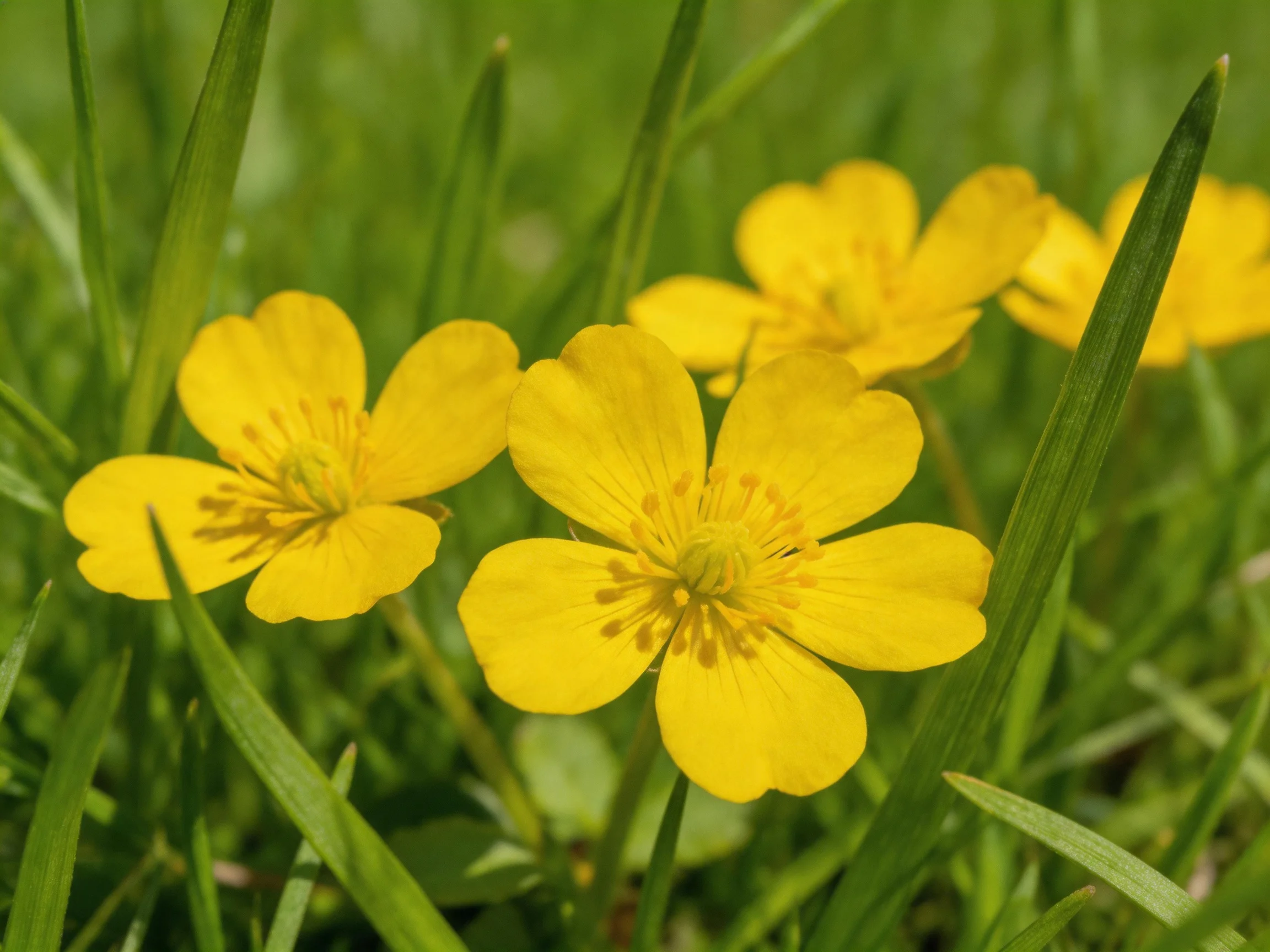 Four yellow flowers with five petals bloom among green grass blades