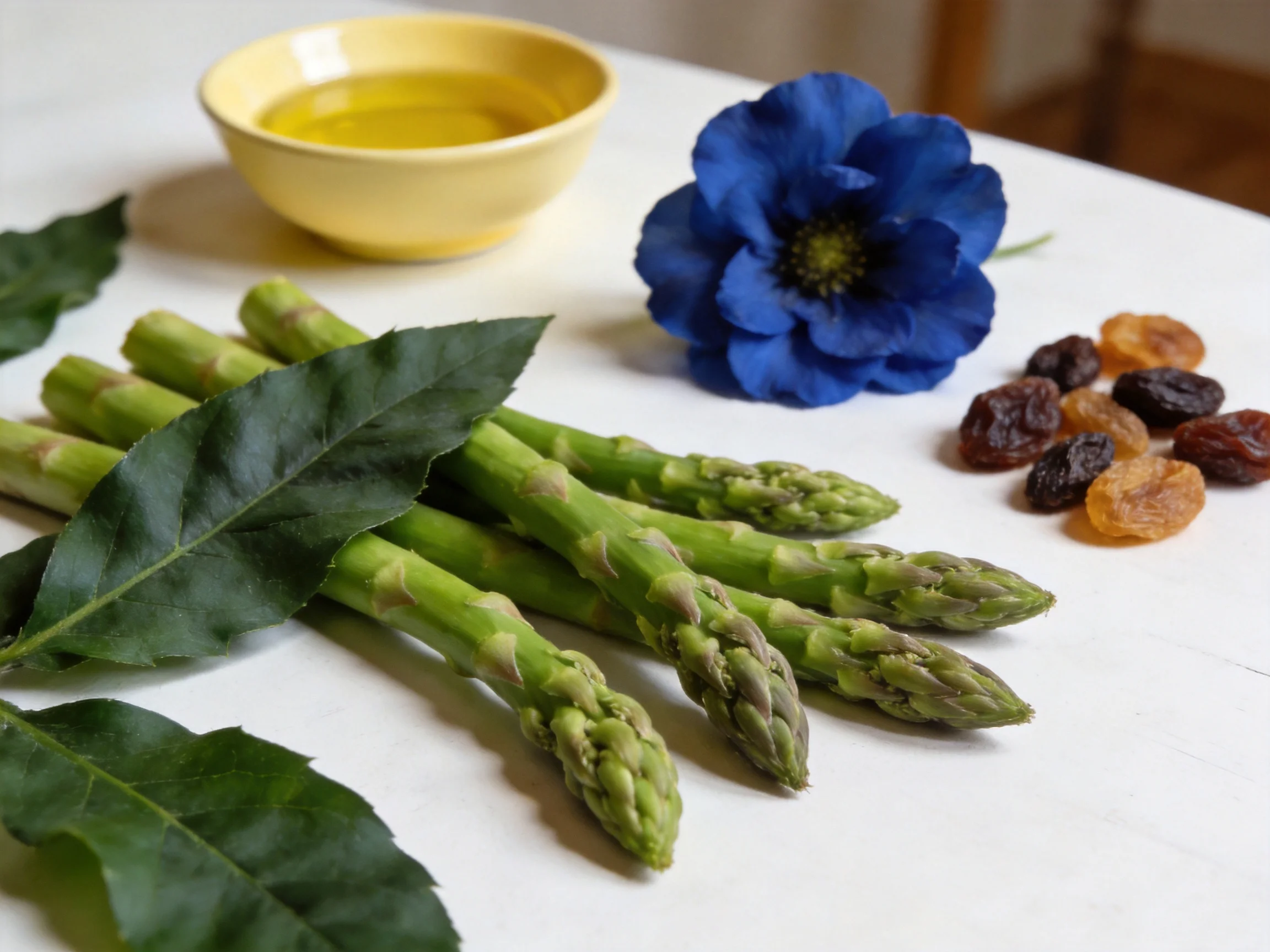 Fresh green asparagus, blue flower, yellow bowl, and raisins arranged on a white table