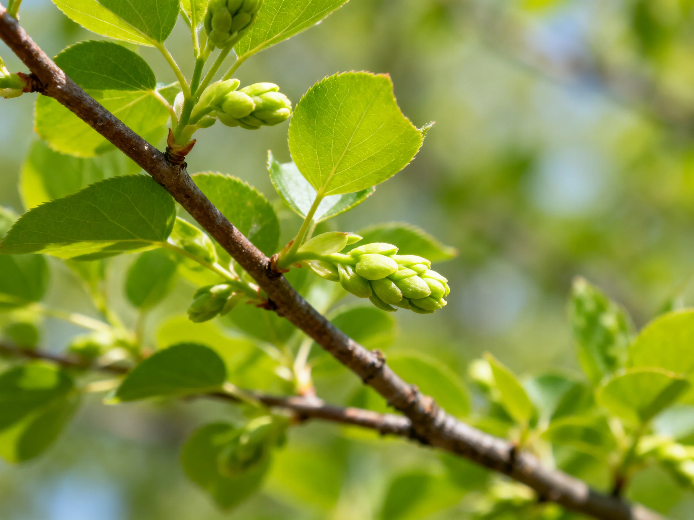 Fresh green buds and leaves on slender brown tree branches