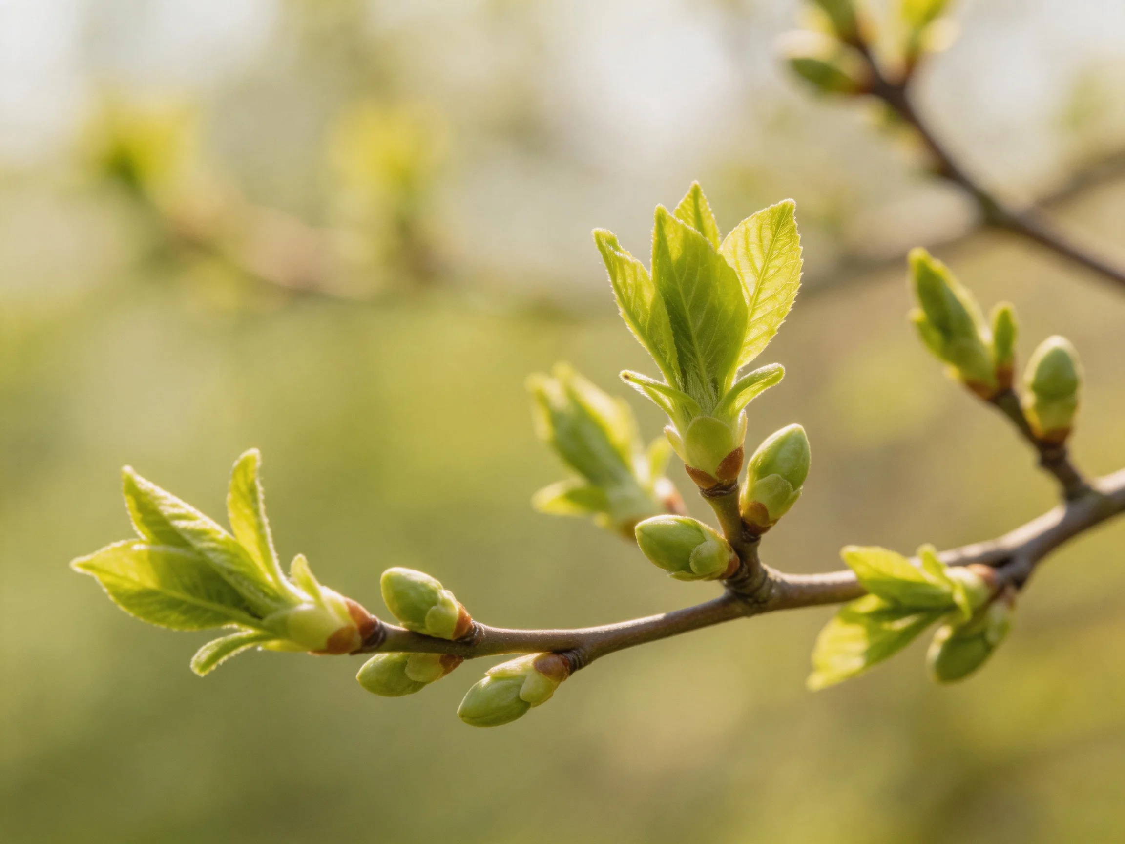 Fresh green buds and new leaves on a slender branch