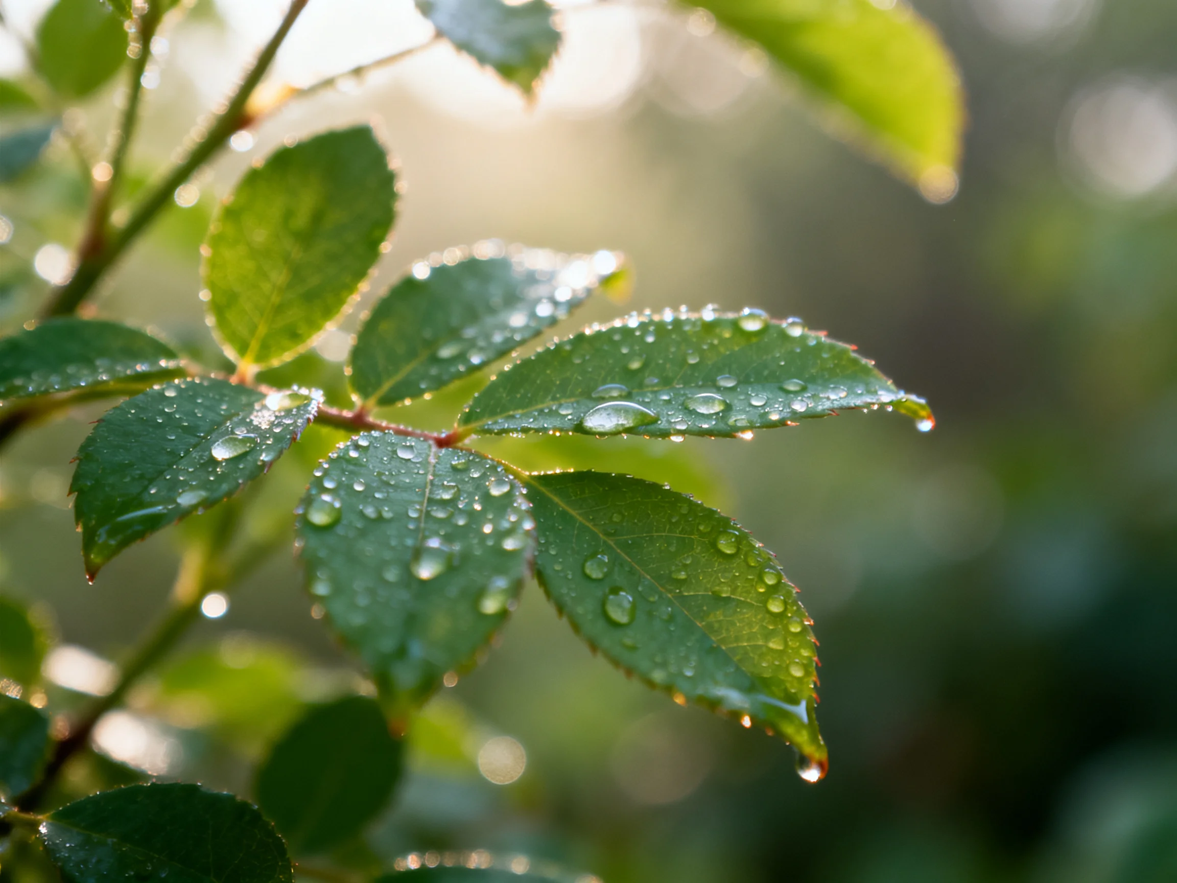 Fresh green leaves adorned with glistening dewdrops under soft morning light