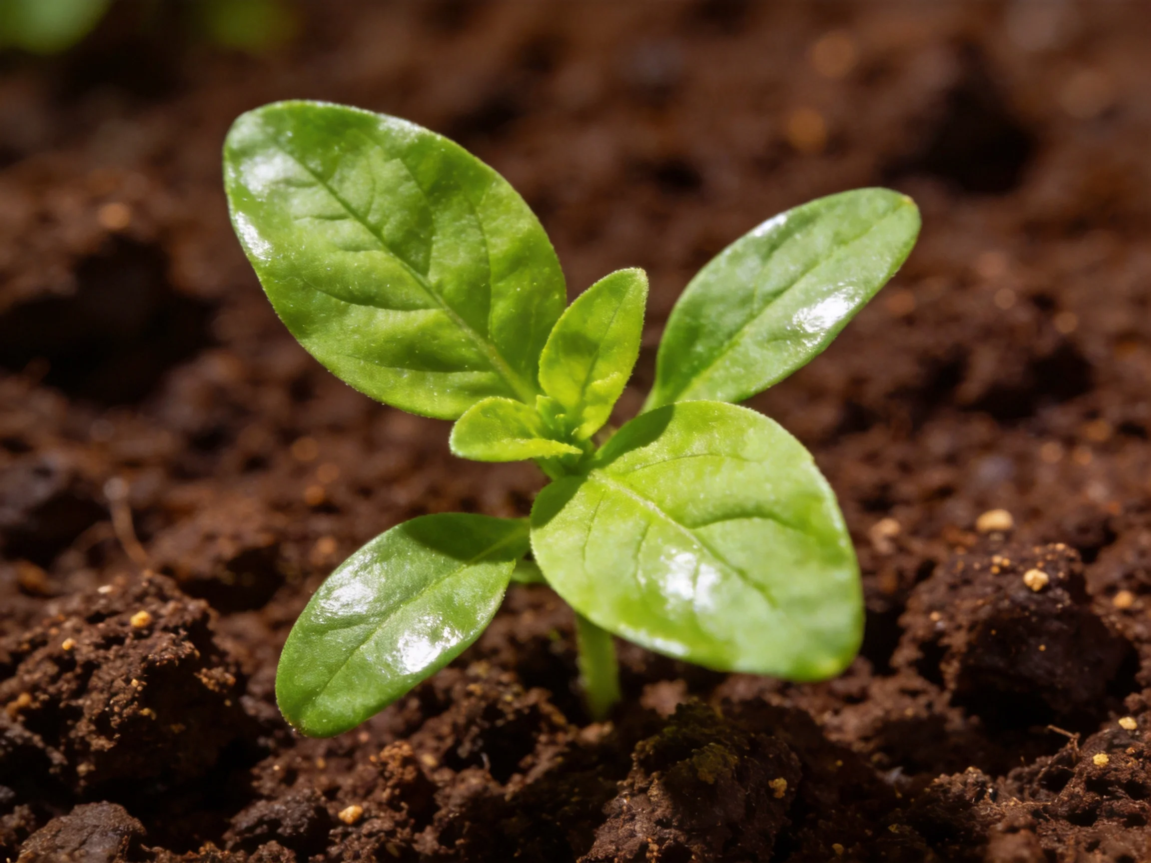 Fresh green seedlings emerge from rich dark brown soil