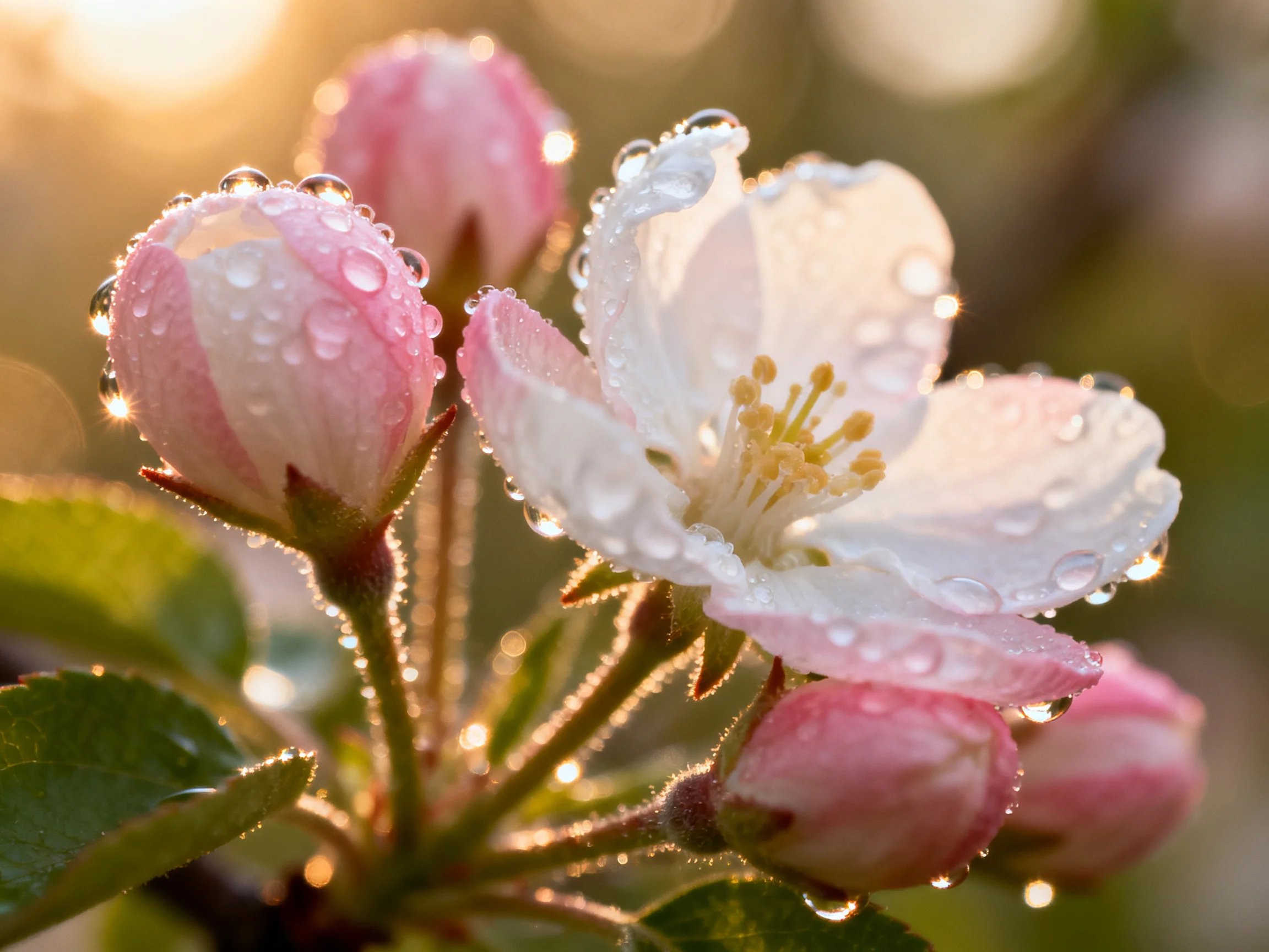 Fresh pink and white apple blossoms with glistening dew