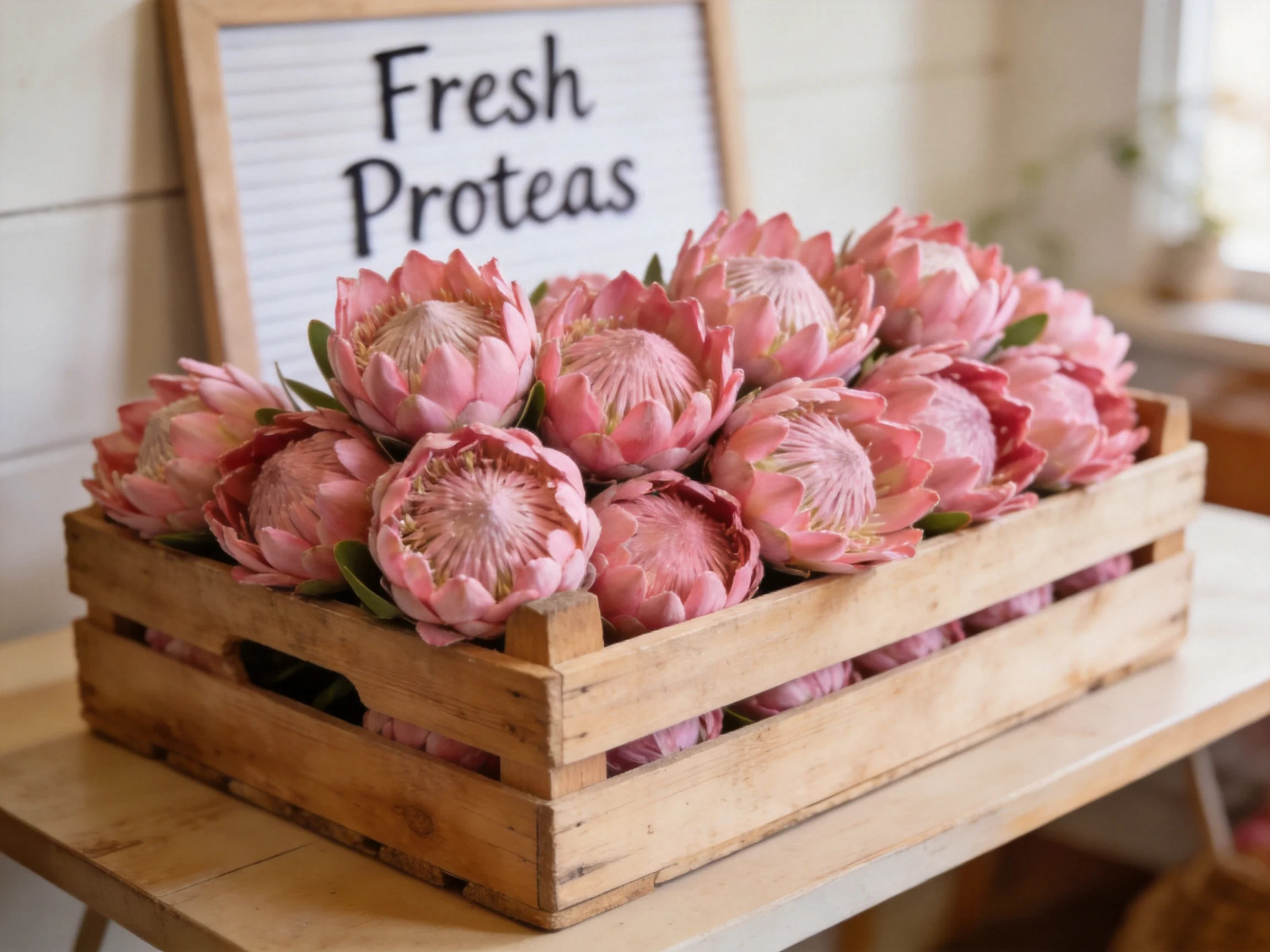 Fresh pink proteas displayed in a wooden crate