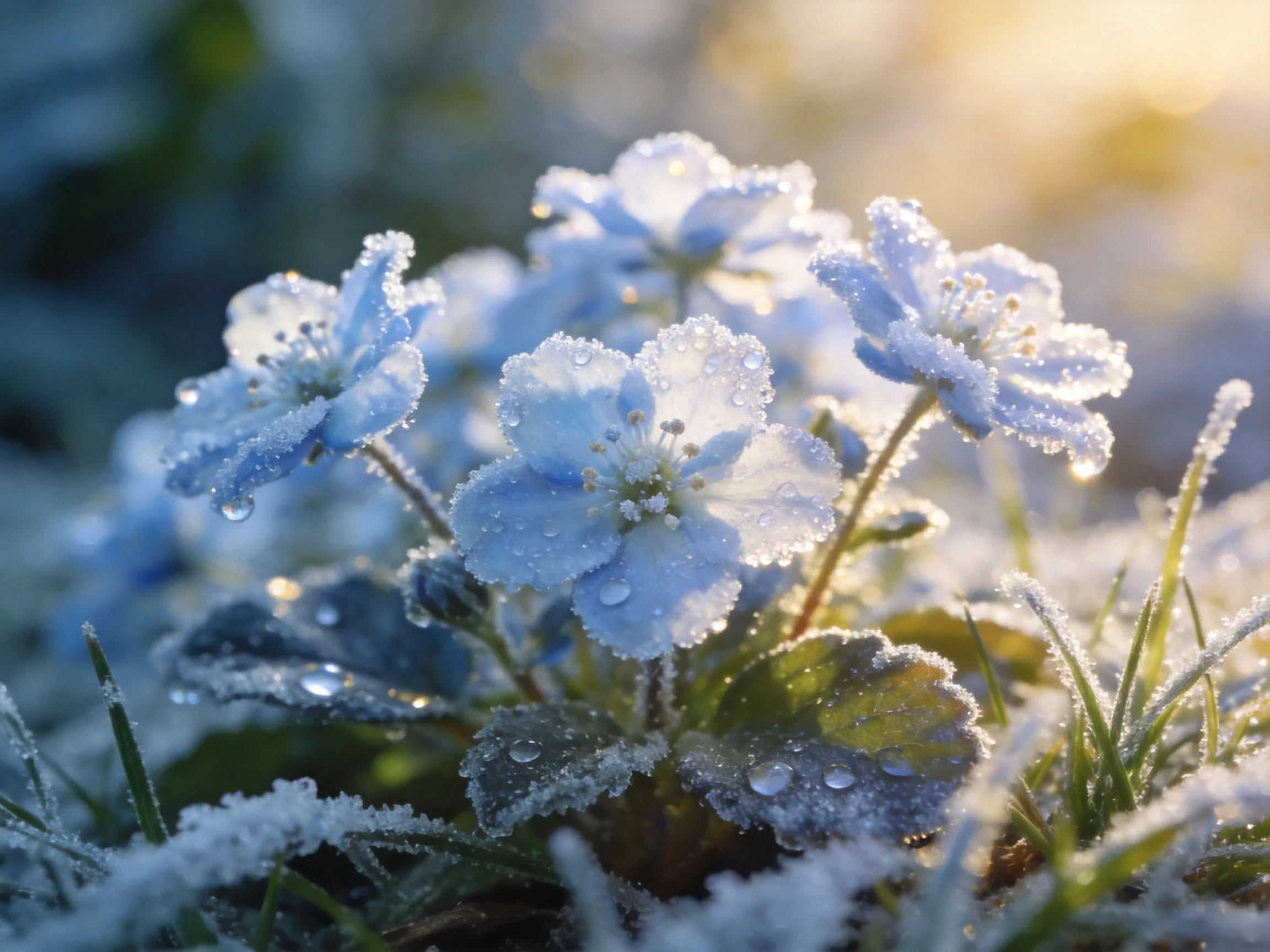 Frost-Covered Pale Blue Flowers with Dew Drops in Morning Light