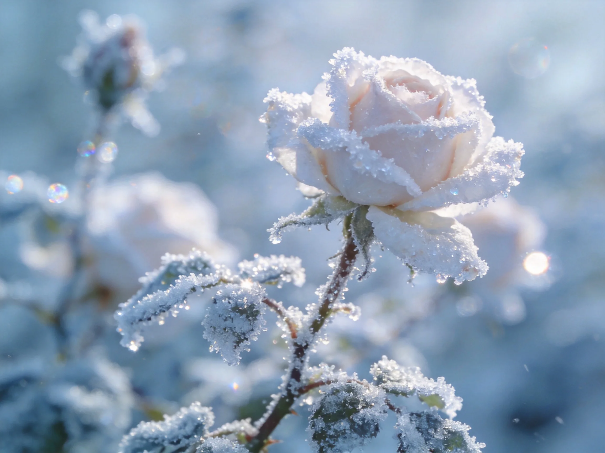 Frost-Covered Pale Pink Rose with Icy Crystals and Dewy Foliage