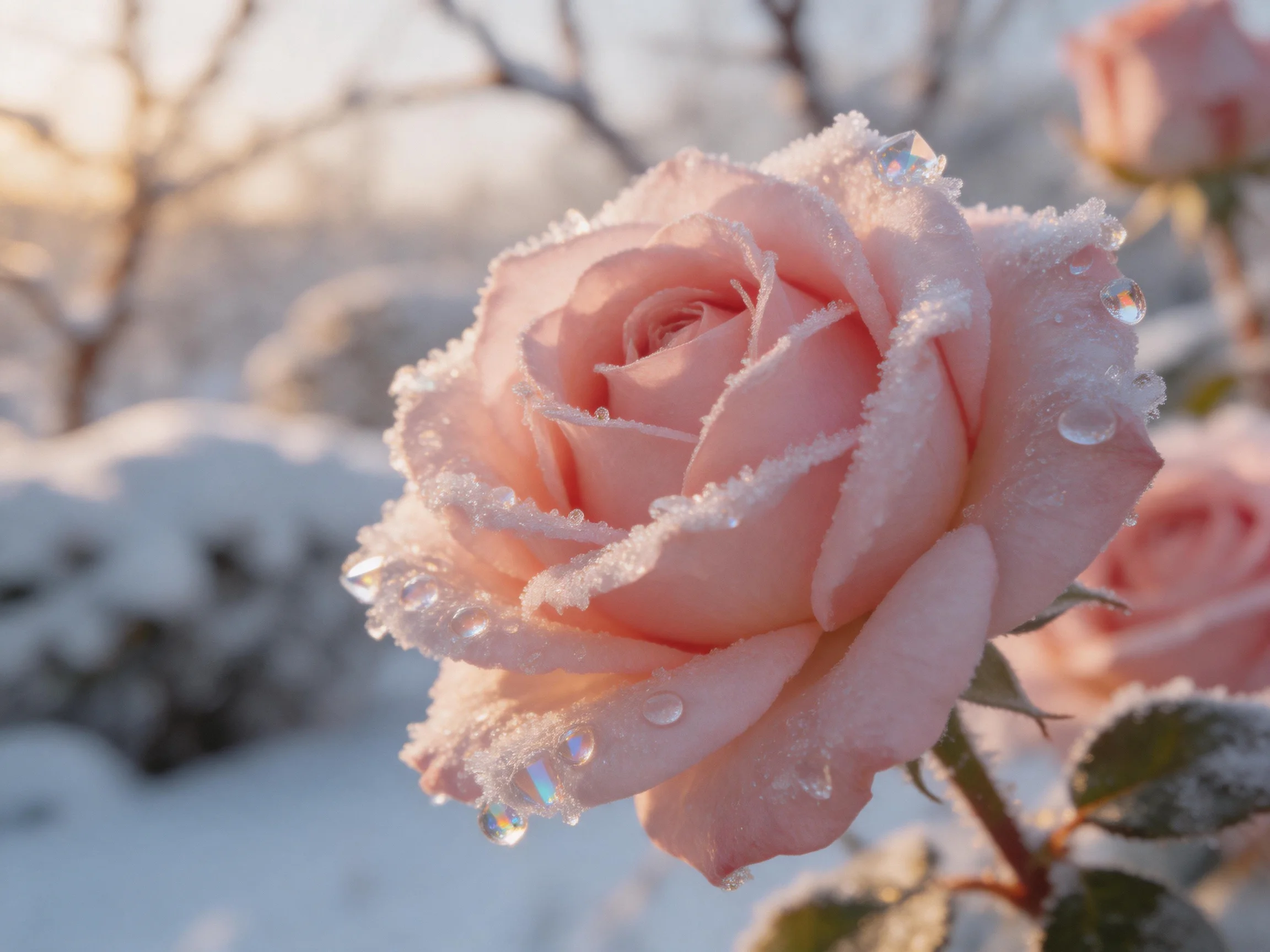 Frost-Covered Pink Rose Blooms in Snowy Winter Garden