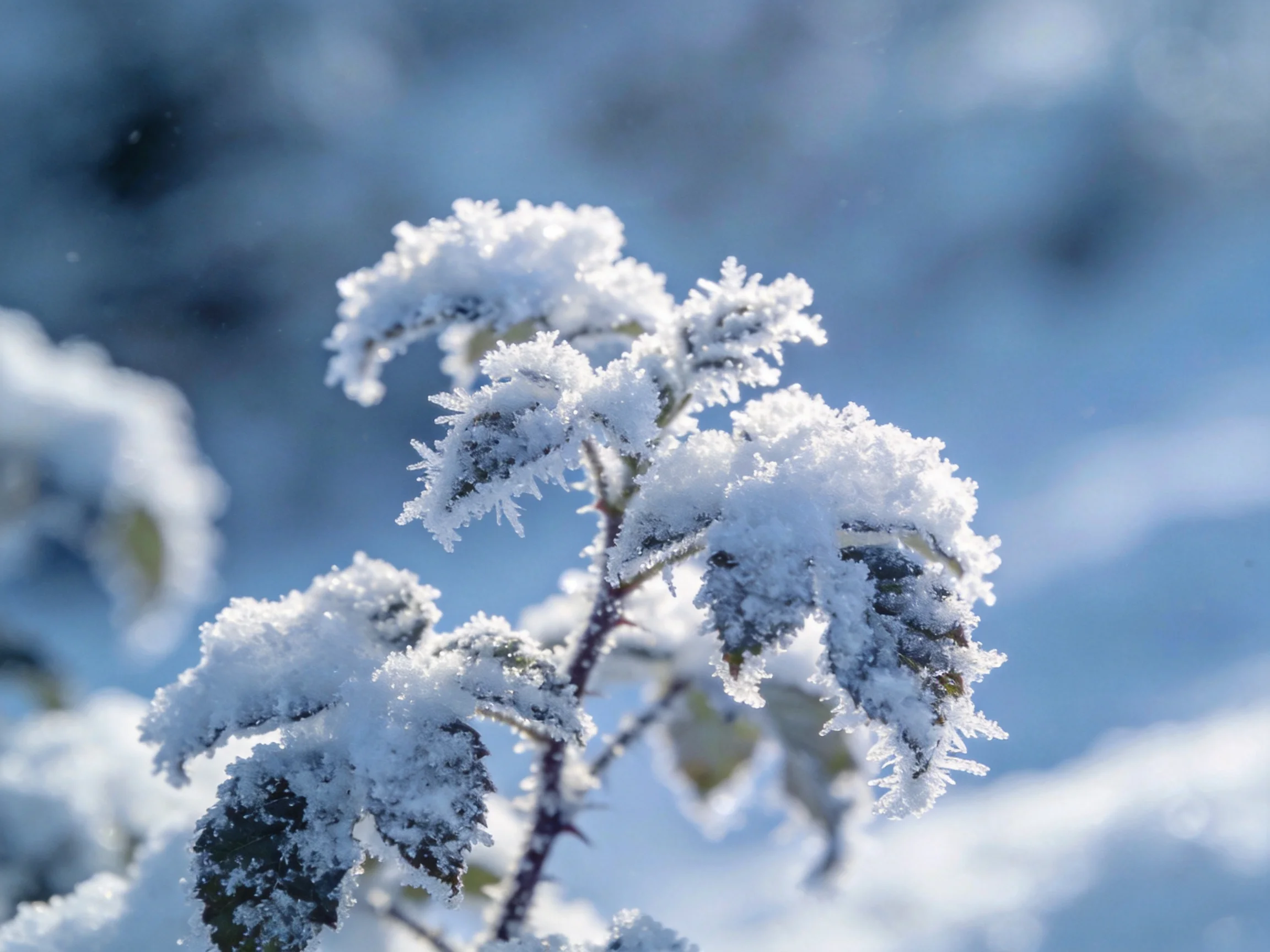 Frost-Crusted Branches Glisten Against a Soft Blue Winter Background