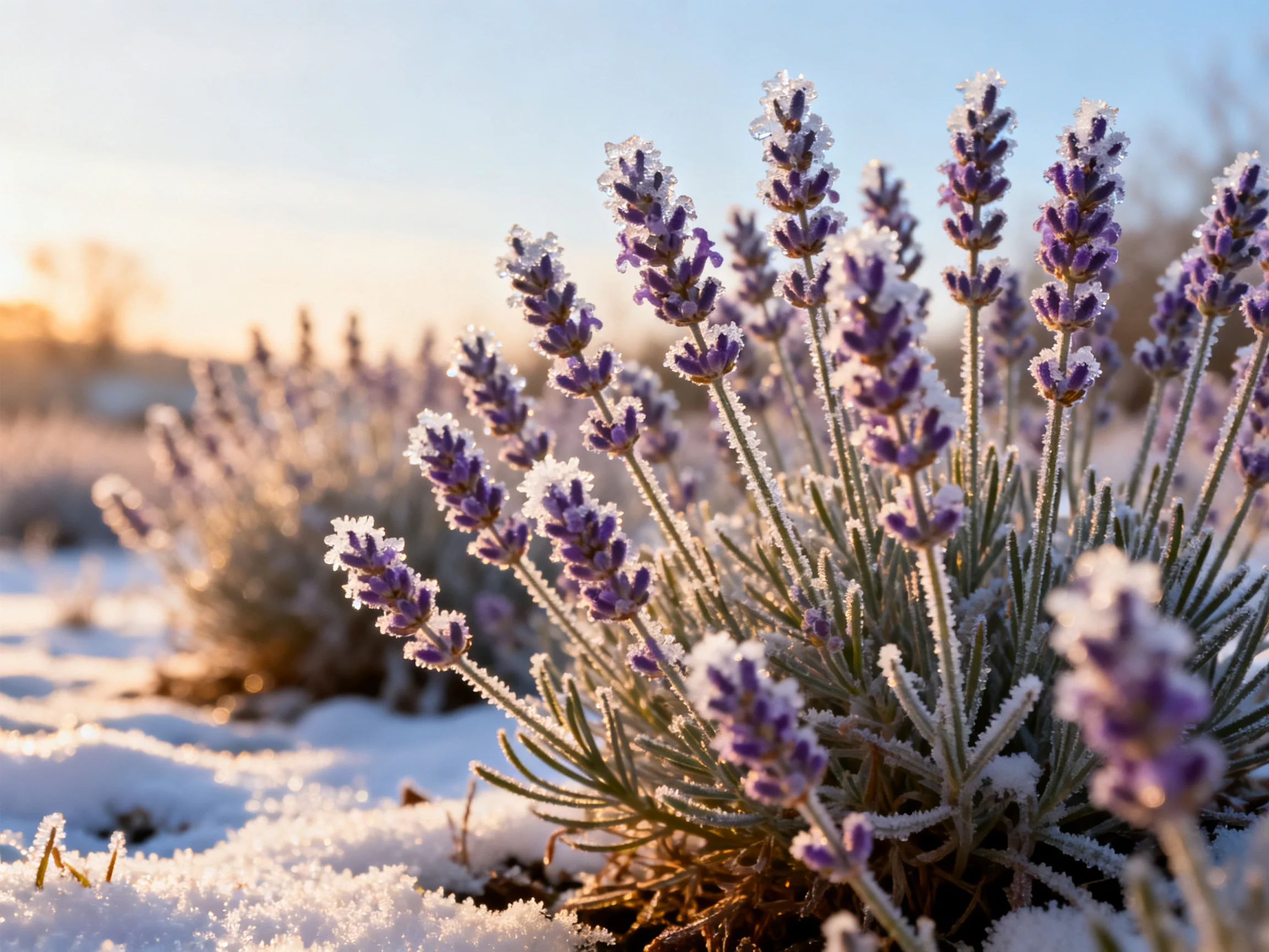 Frosted lavender blooms in a snowy field under golden sunlight