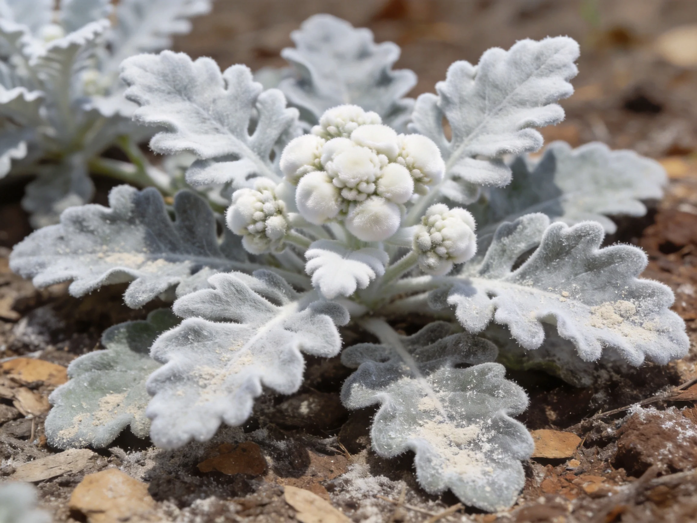 Frosted-leaved Plant with White Buds in Earthy Soil