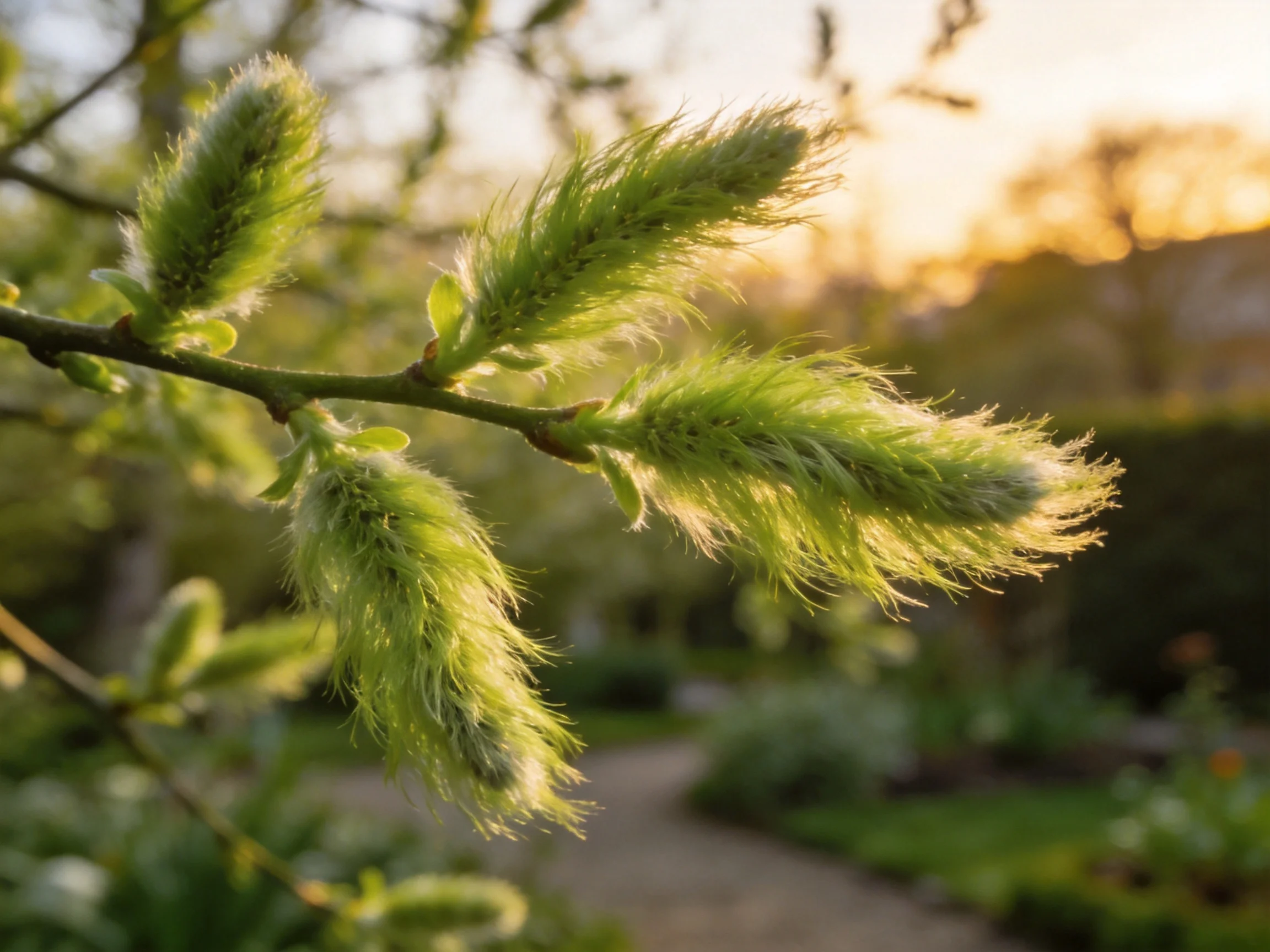 Fuzzy green willow buds illuminated by golden sunset light