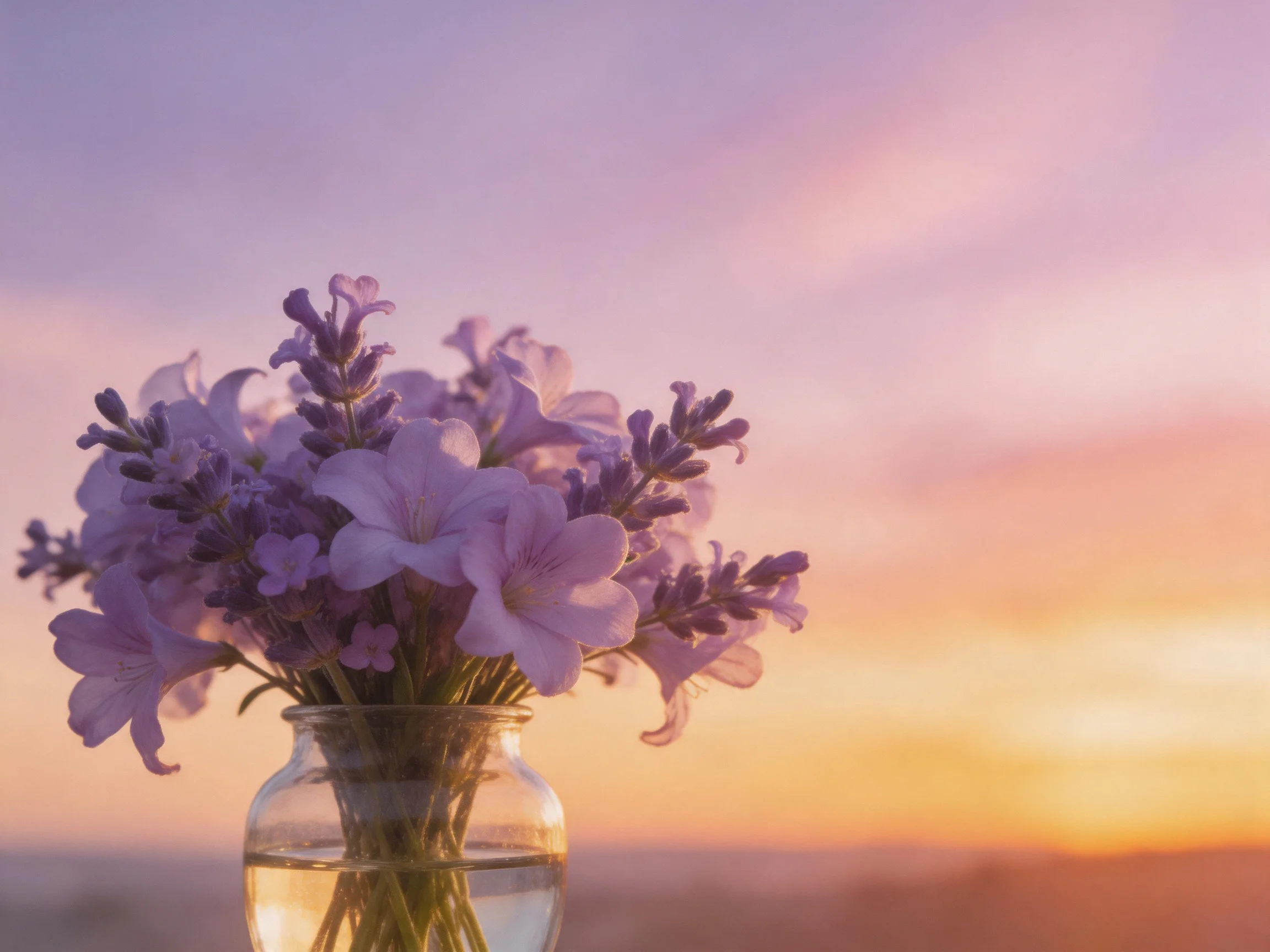 Glass vase with lavender and pink flowers beside a colorful sunset