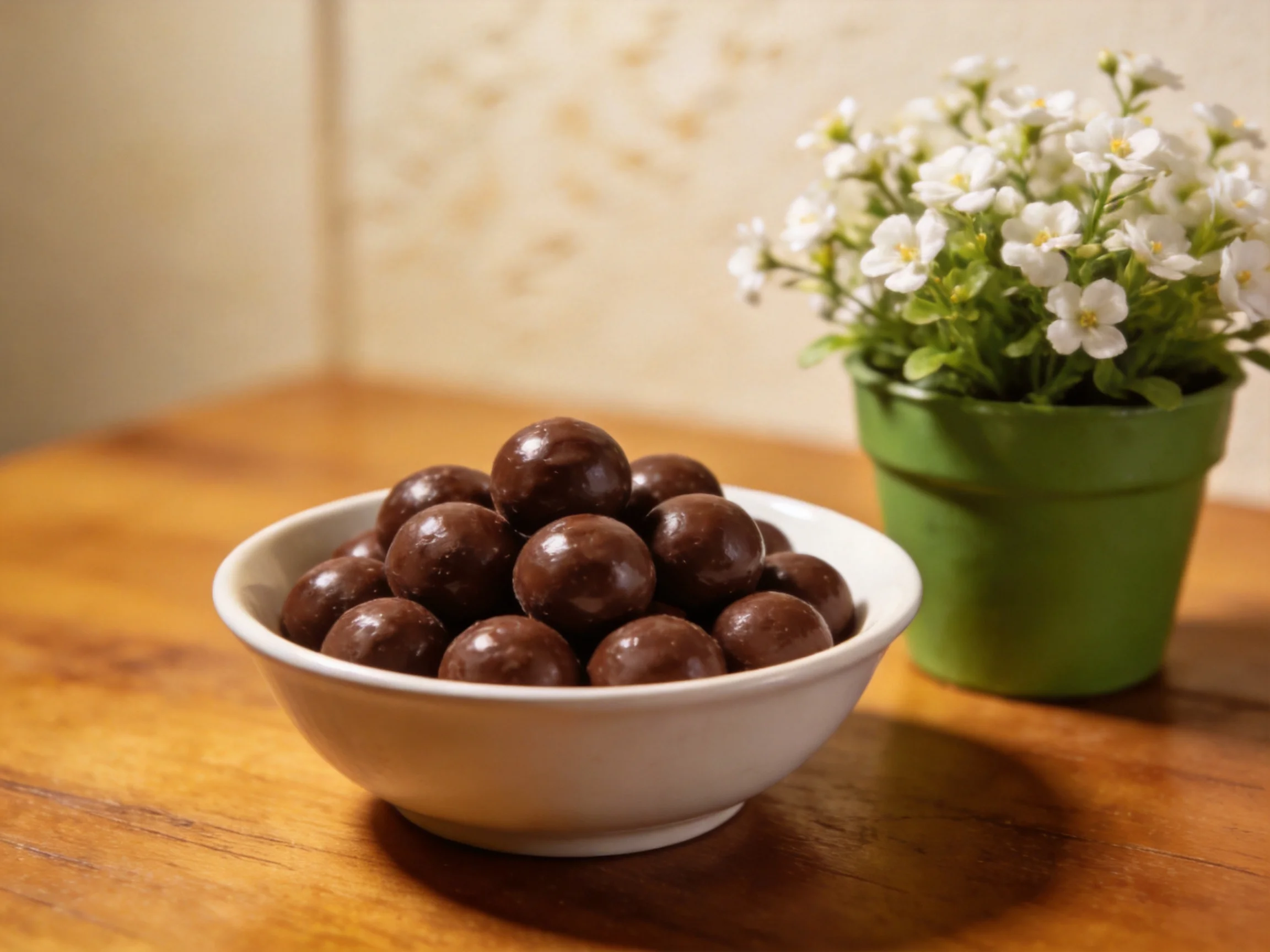 Glossy brown chocolates fill a white bowl next to a green pot with white flowers
