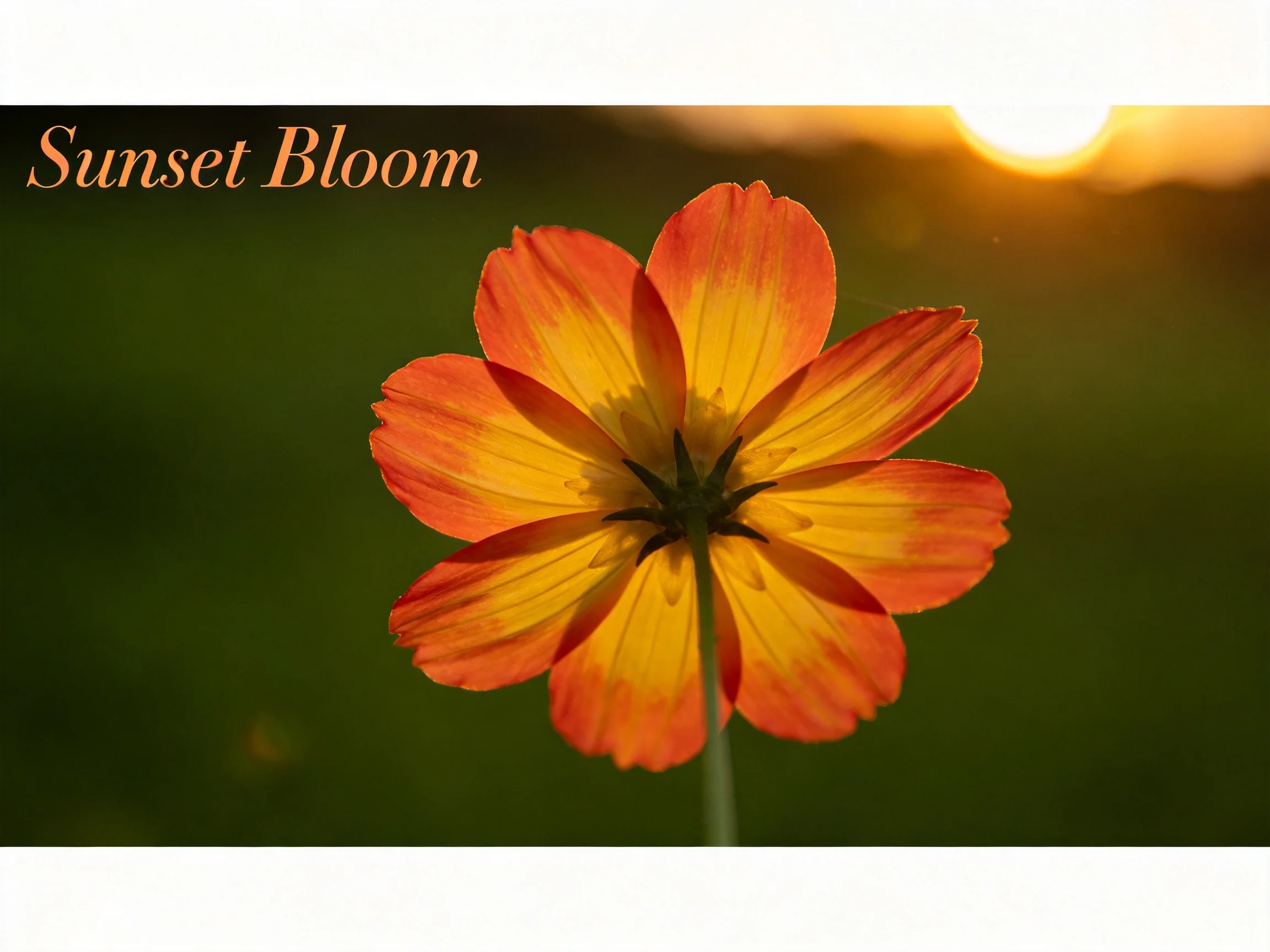 Glowing sunset highlights orange and yellow petal flower