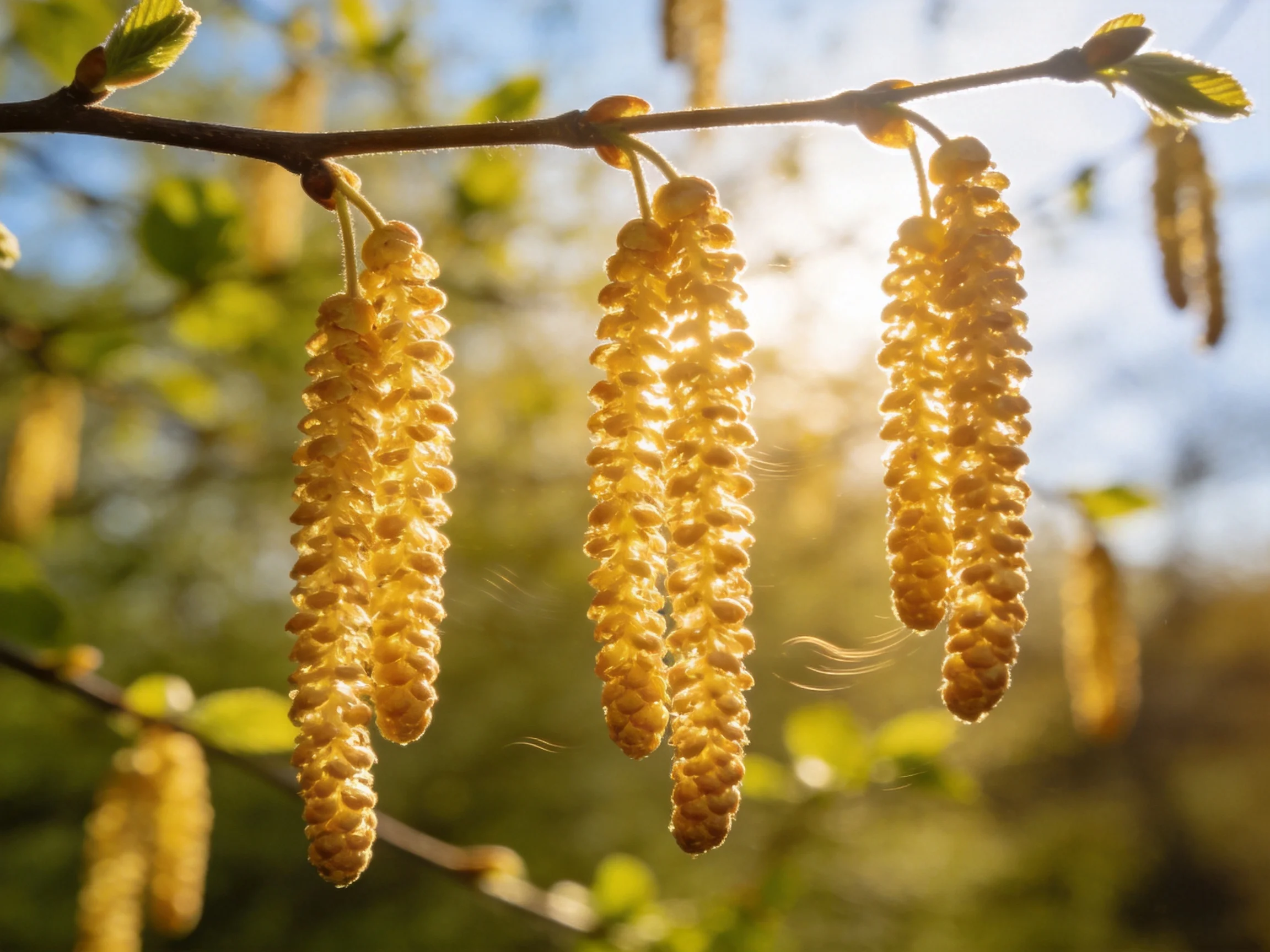Golden Catkins Dangle from Branches Under Warm Sunlight