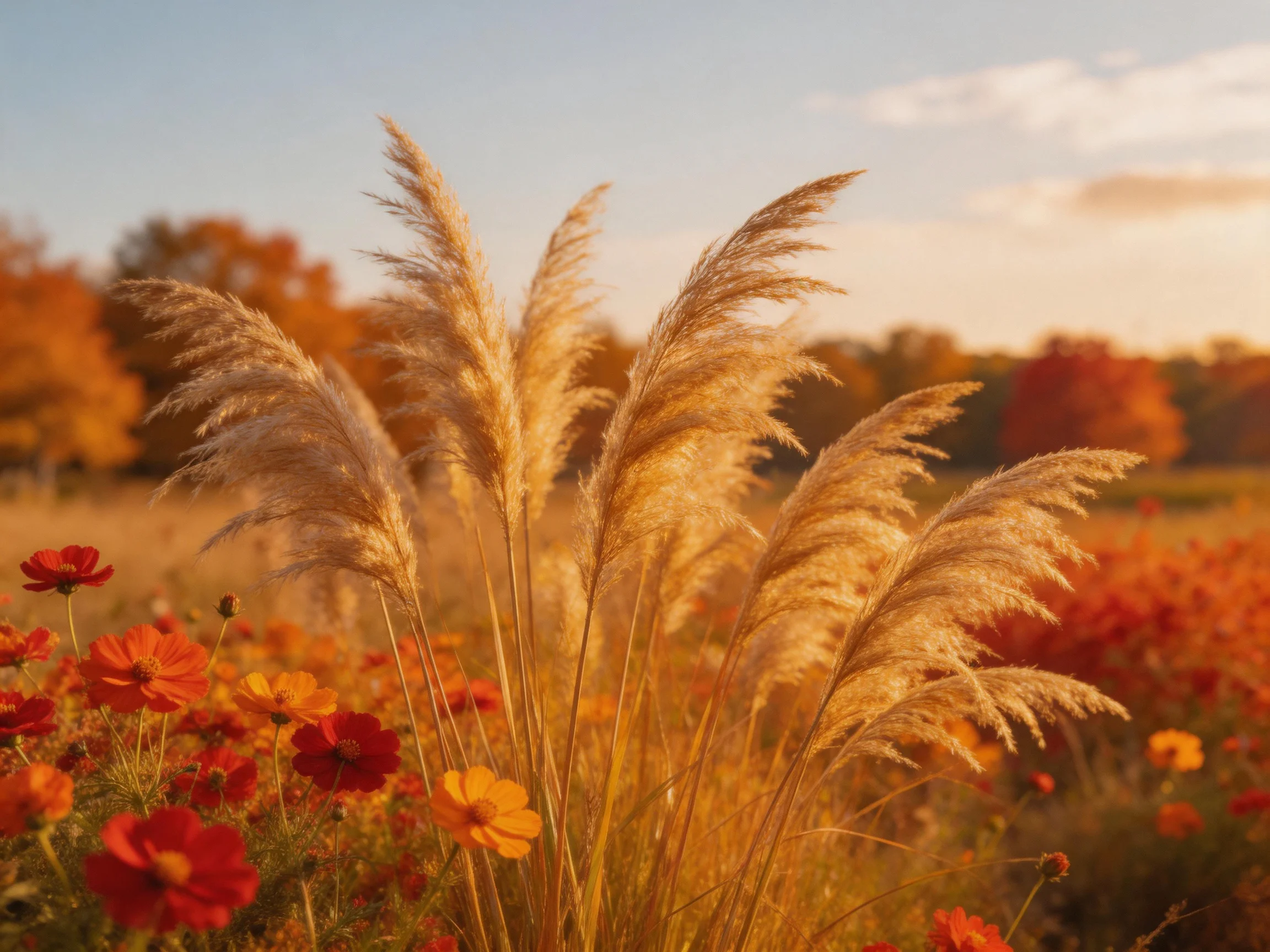 Golden Grasses and Vibrant Flowers in an Autumn Field