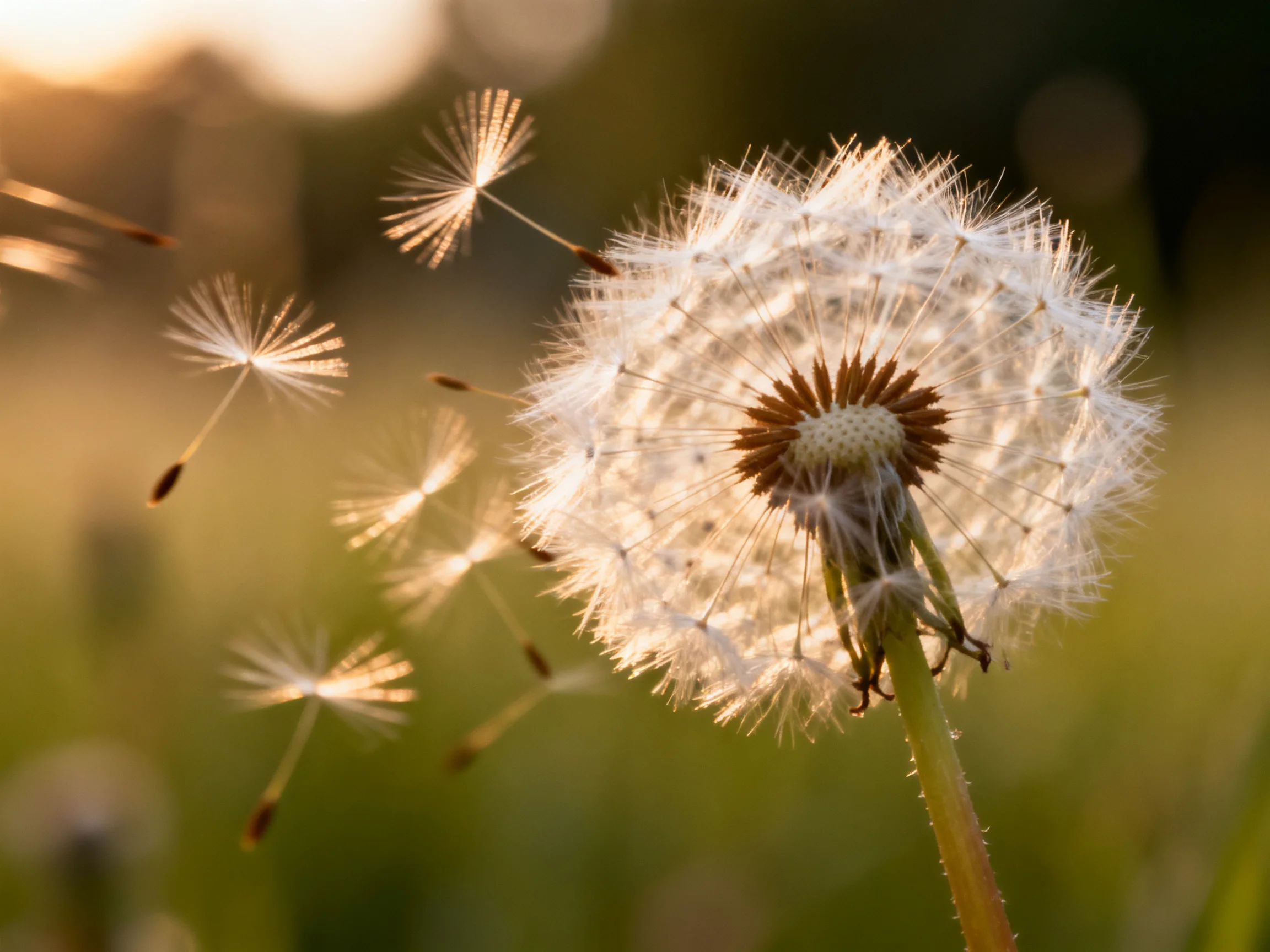 Golden Hour Captures Dandelion Seeds in Flight