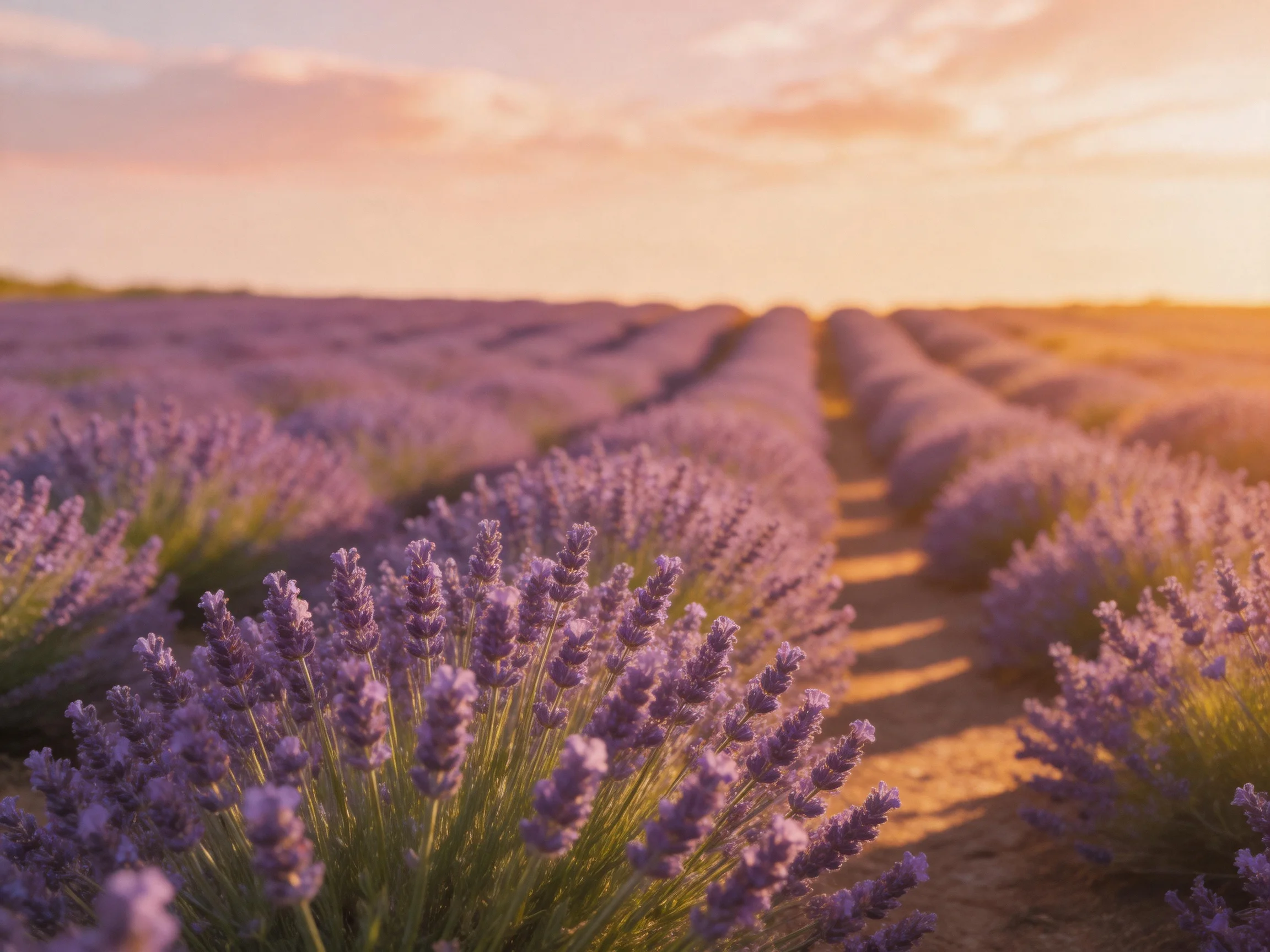 Golden Hour Illuminates Rows of Purple Lavender Fields