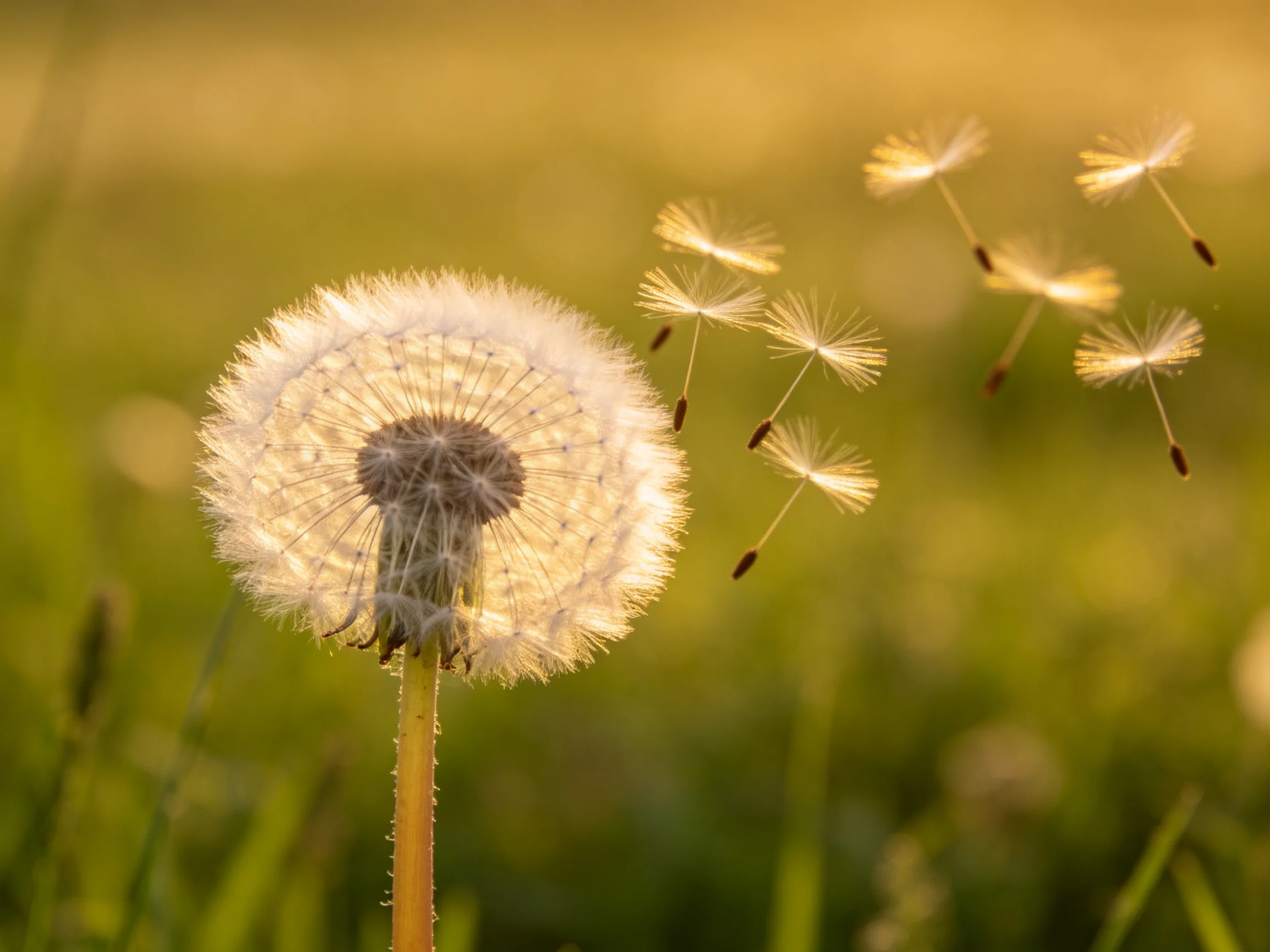 Golden Hour Illuminates a Dandelion With Floating Seeds