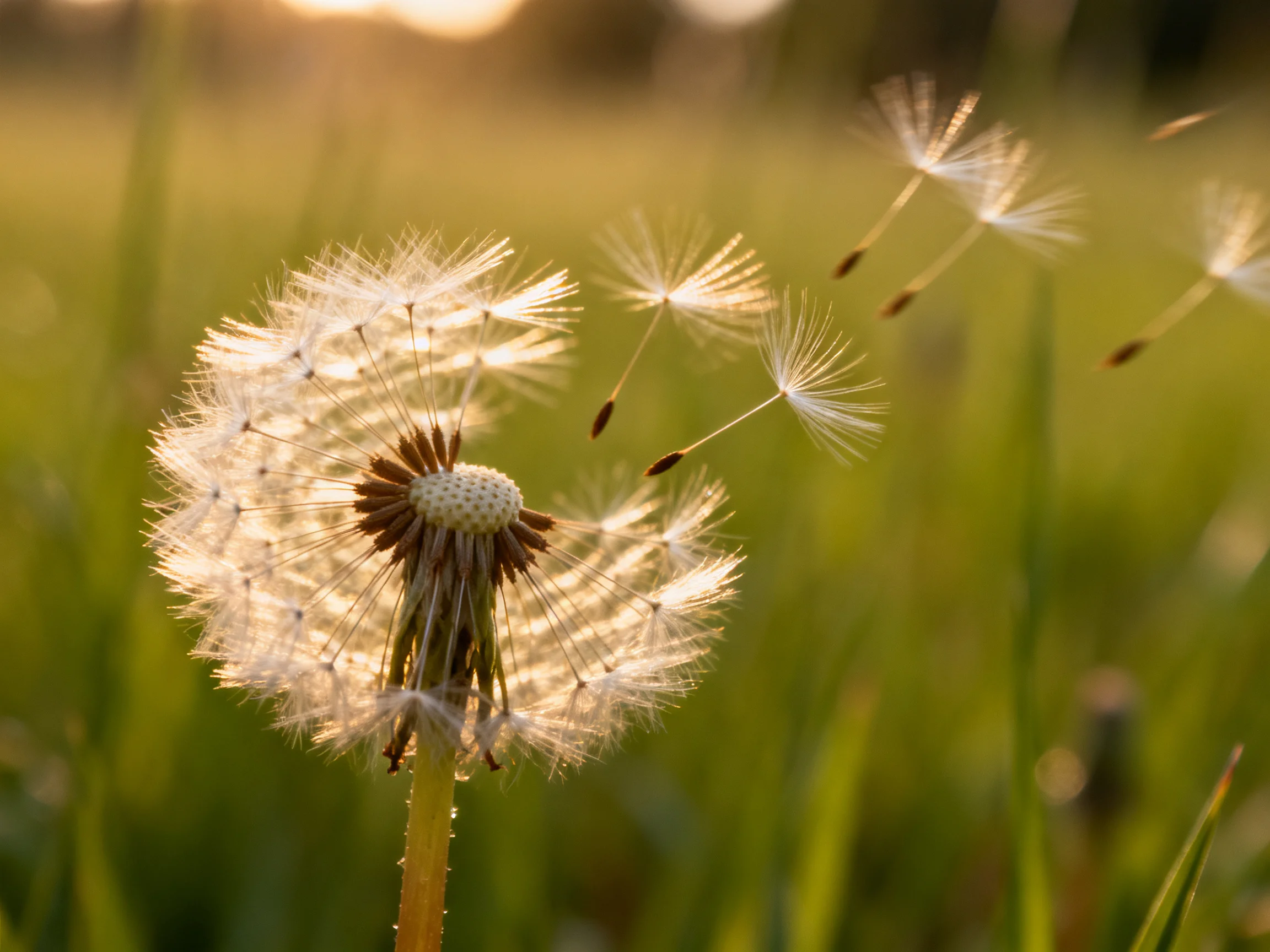 Golden Light Highlights Dandelion Seeds in a Verdant Meadow