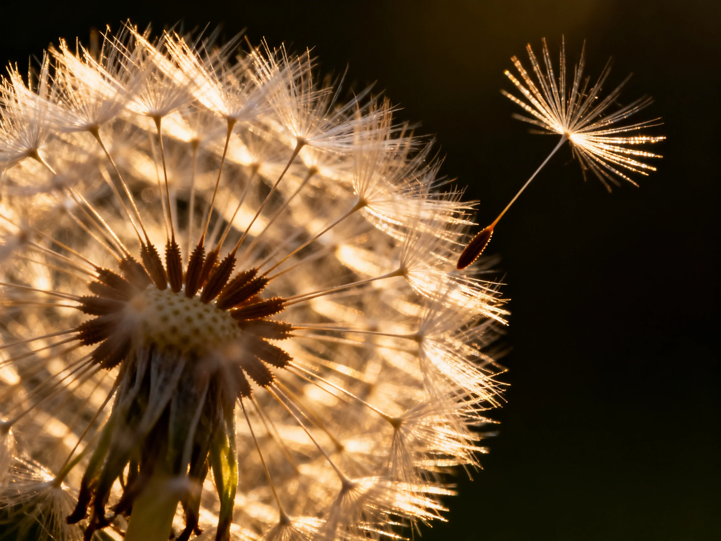 Golden Light Highlights Delicate Dandelion Seed Structures