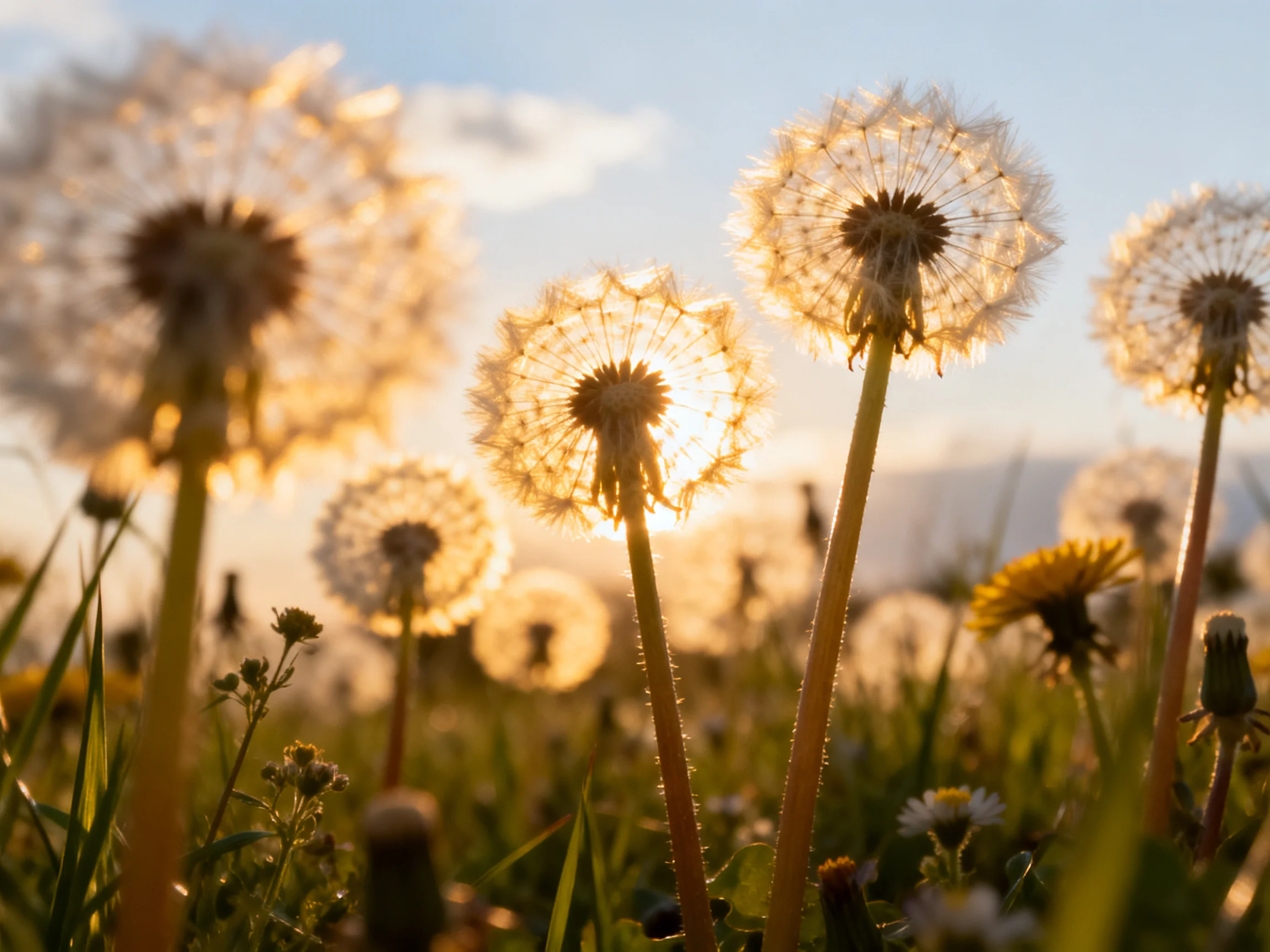 Golden-Lit Dandelion Seed Heads in a Sunny Meadow