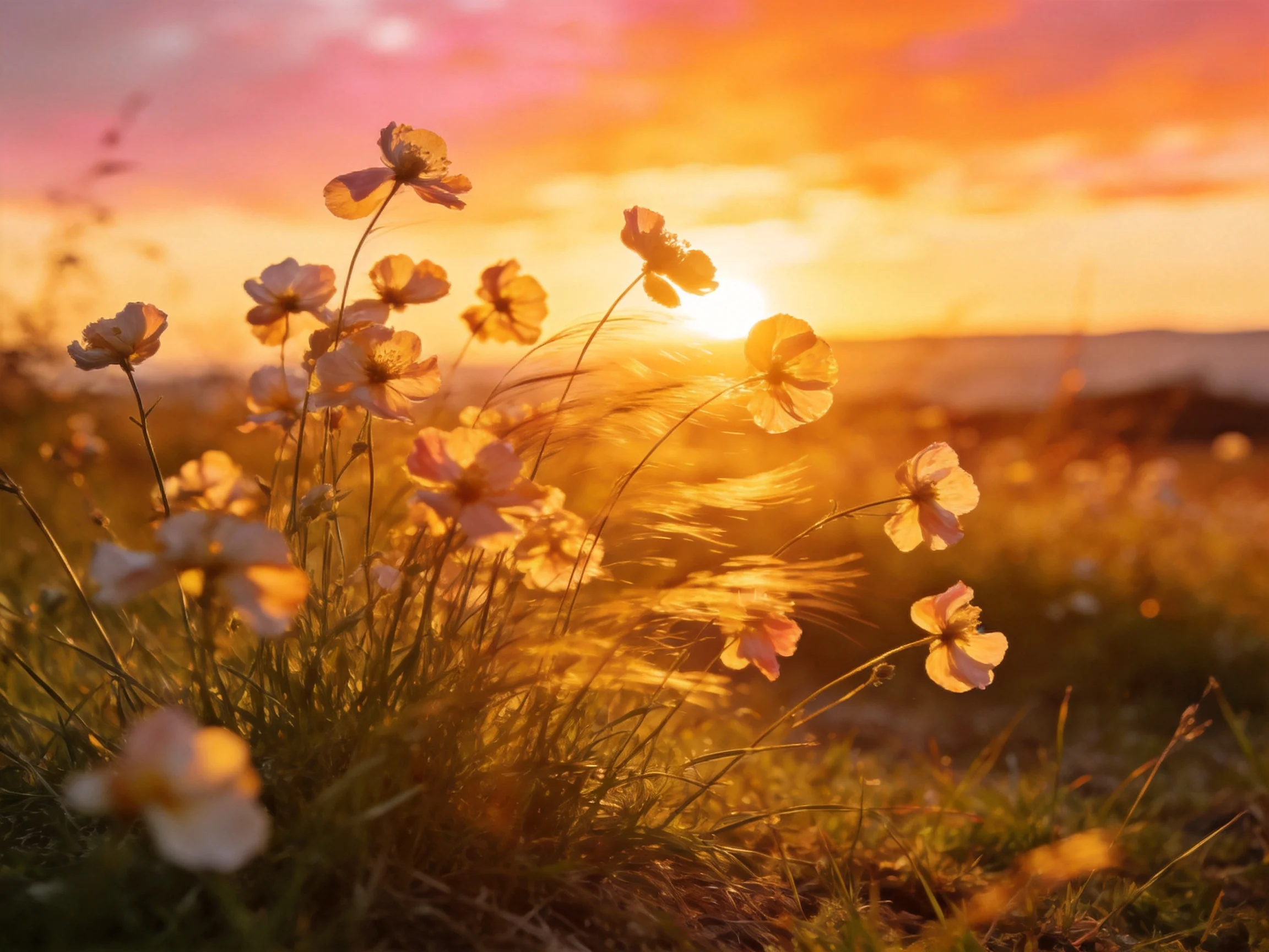 Golden Sunset Illuminates Delicate Wildflowers in a Grassy Field