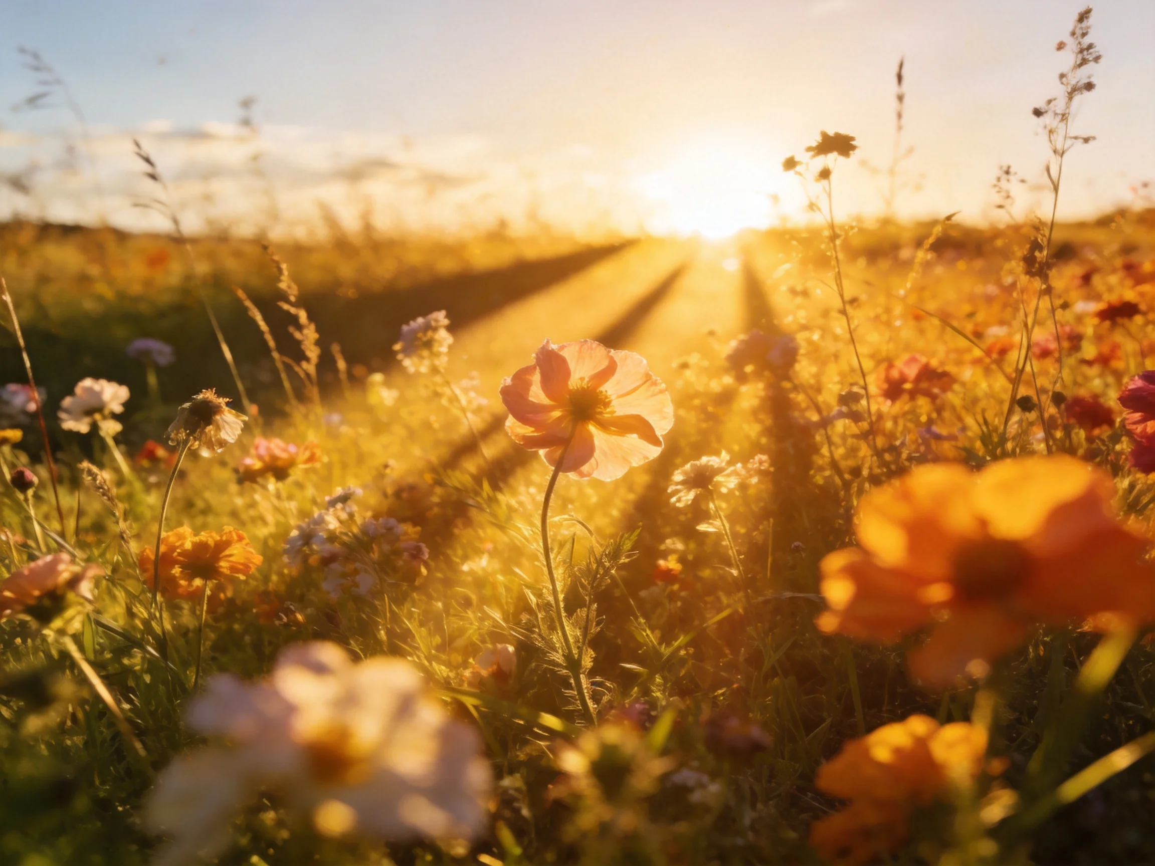 Golden Sunset Illuminates Diverse Wildflowers in a Sunlit Field