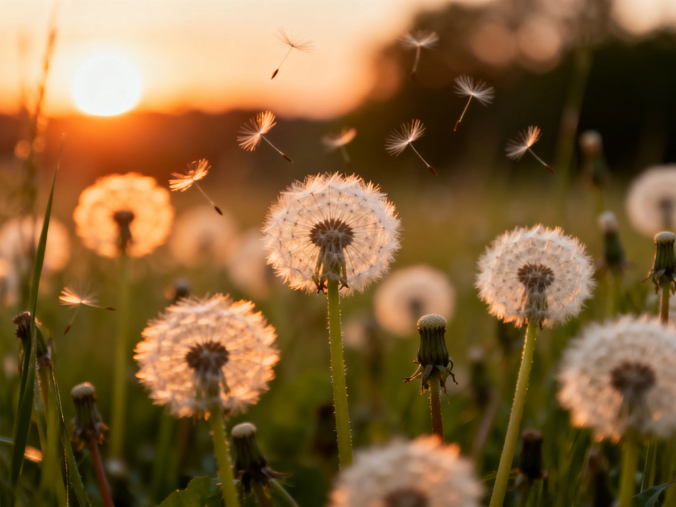 Golden Sunset Illuminates Many Dandelion Seed Heads with Floating Seeds