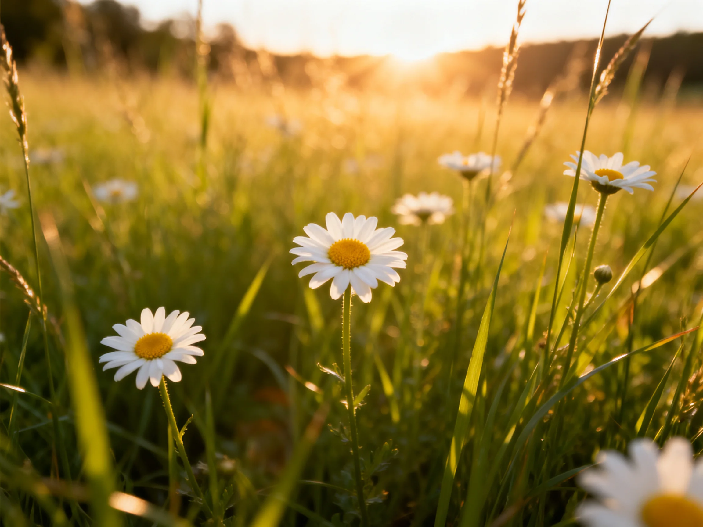 Golden Sunset Illuminates White Daisies Among Lush Green Grass