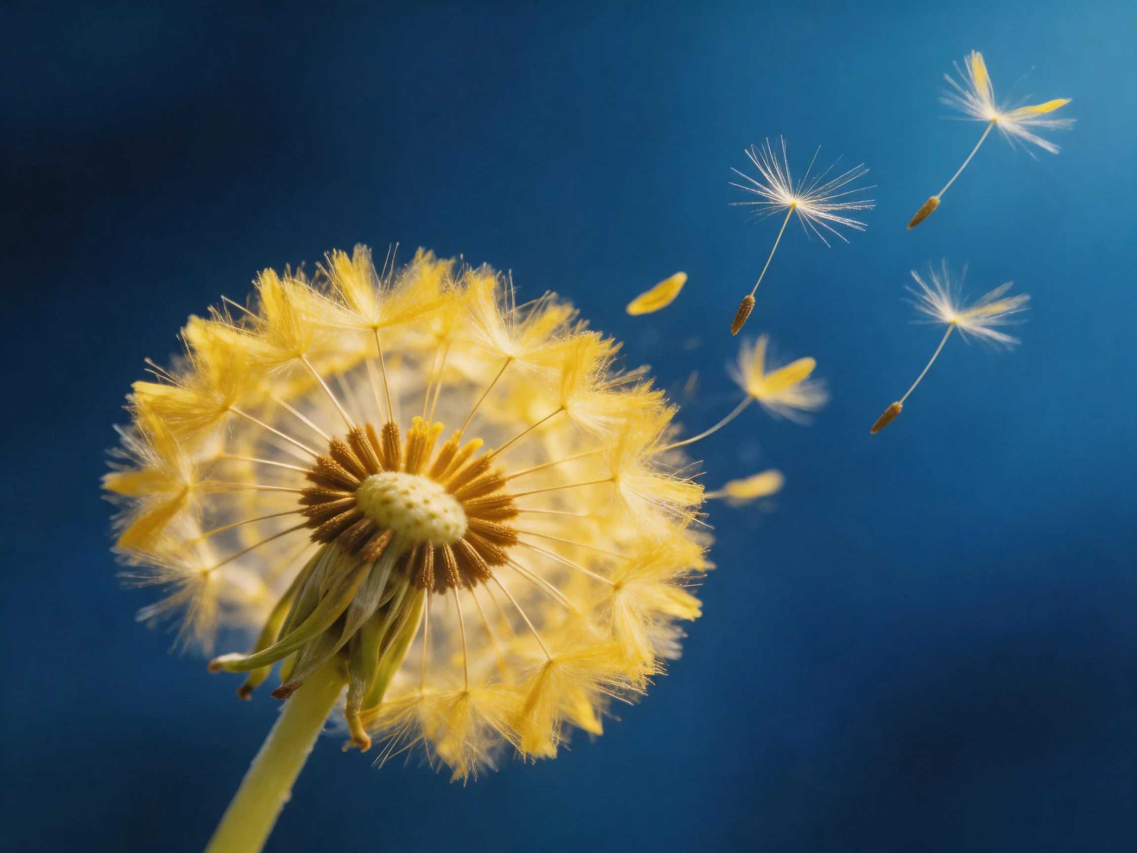 Golden dandelion dispersing seeds against deep blue backdrop
