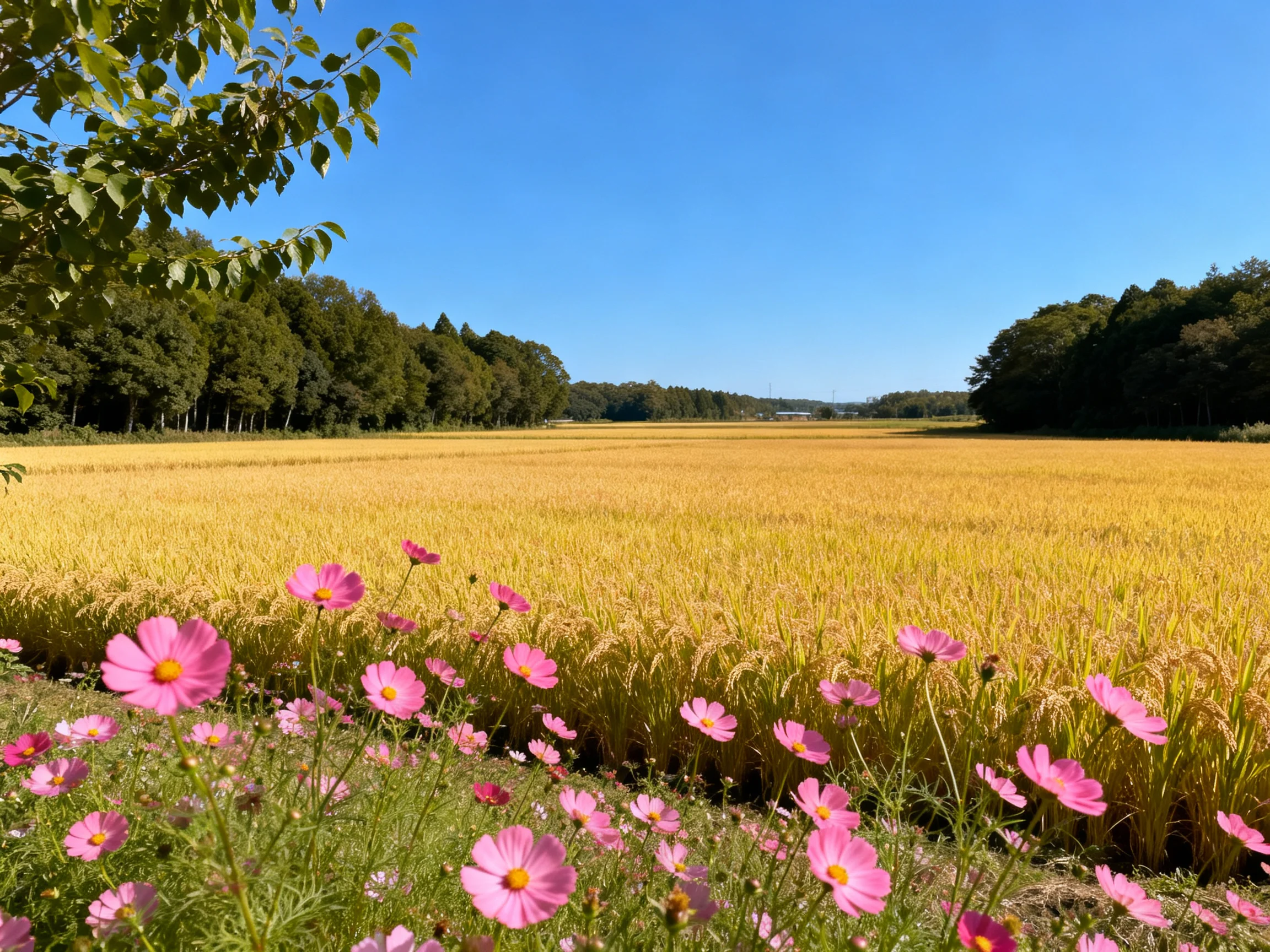 Golden field with pink cosmos flowers and forest backdrop