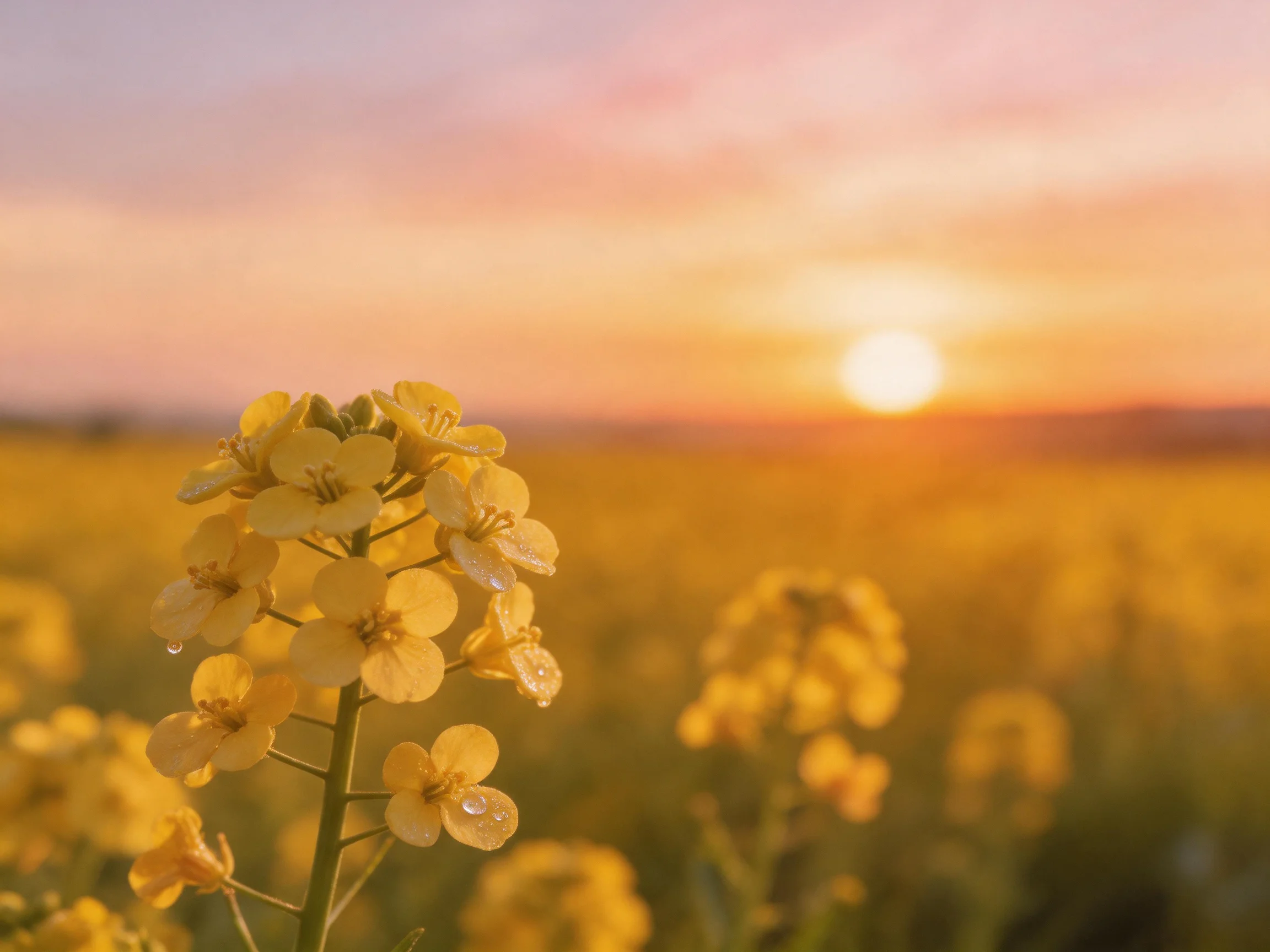 Golden flowers bloom under a warm sunset sky