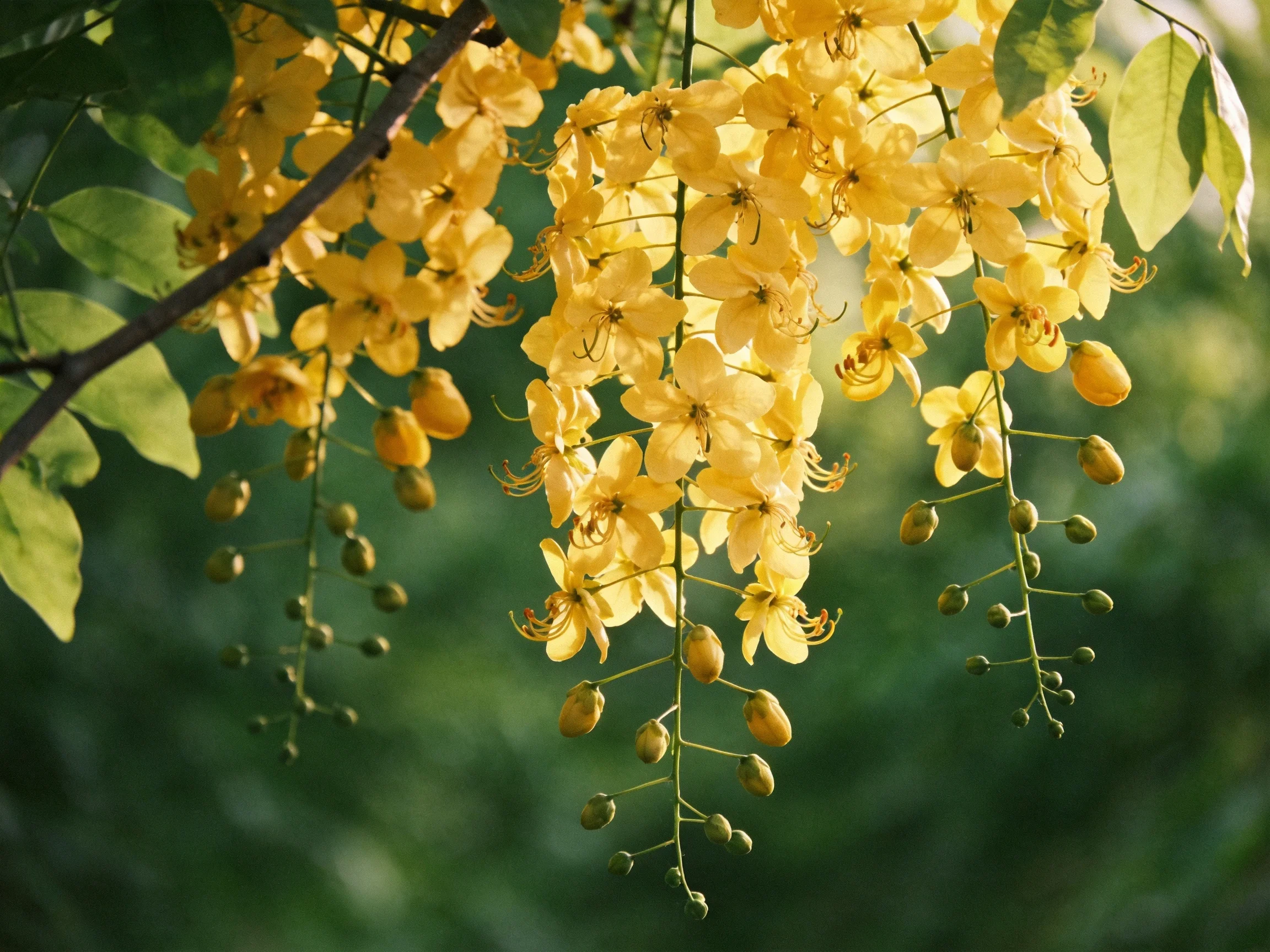 Golden flowers cascade in clusters over green foliage