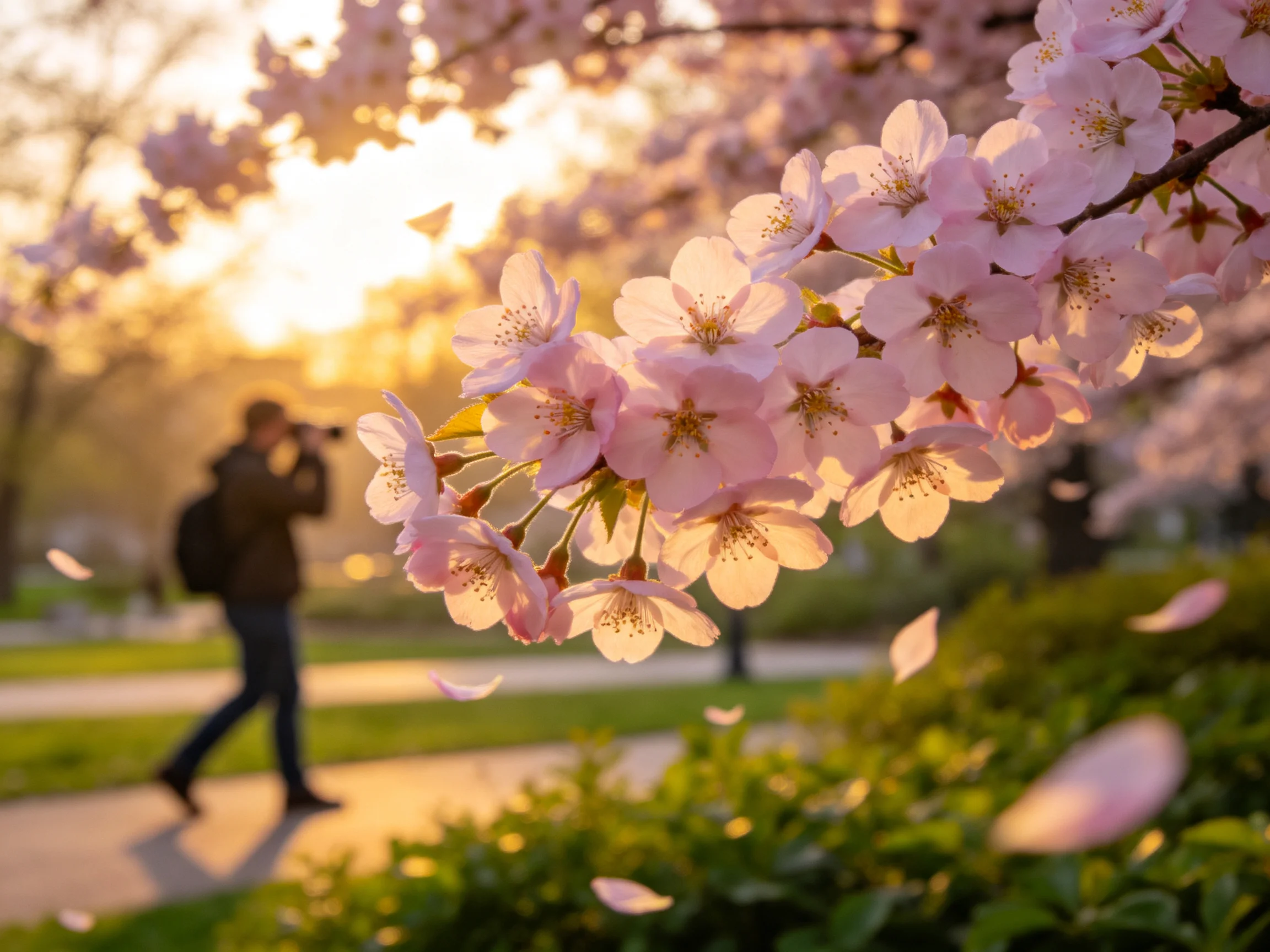 Golden-hour cherry blossoms bloom near a photographer in a sunlit park
