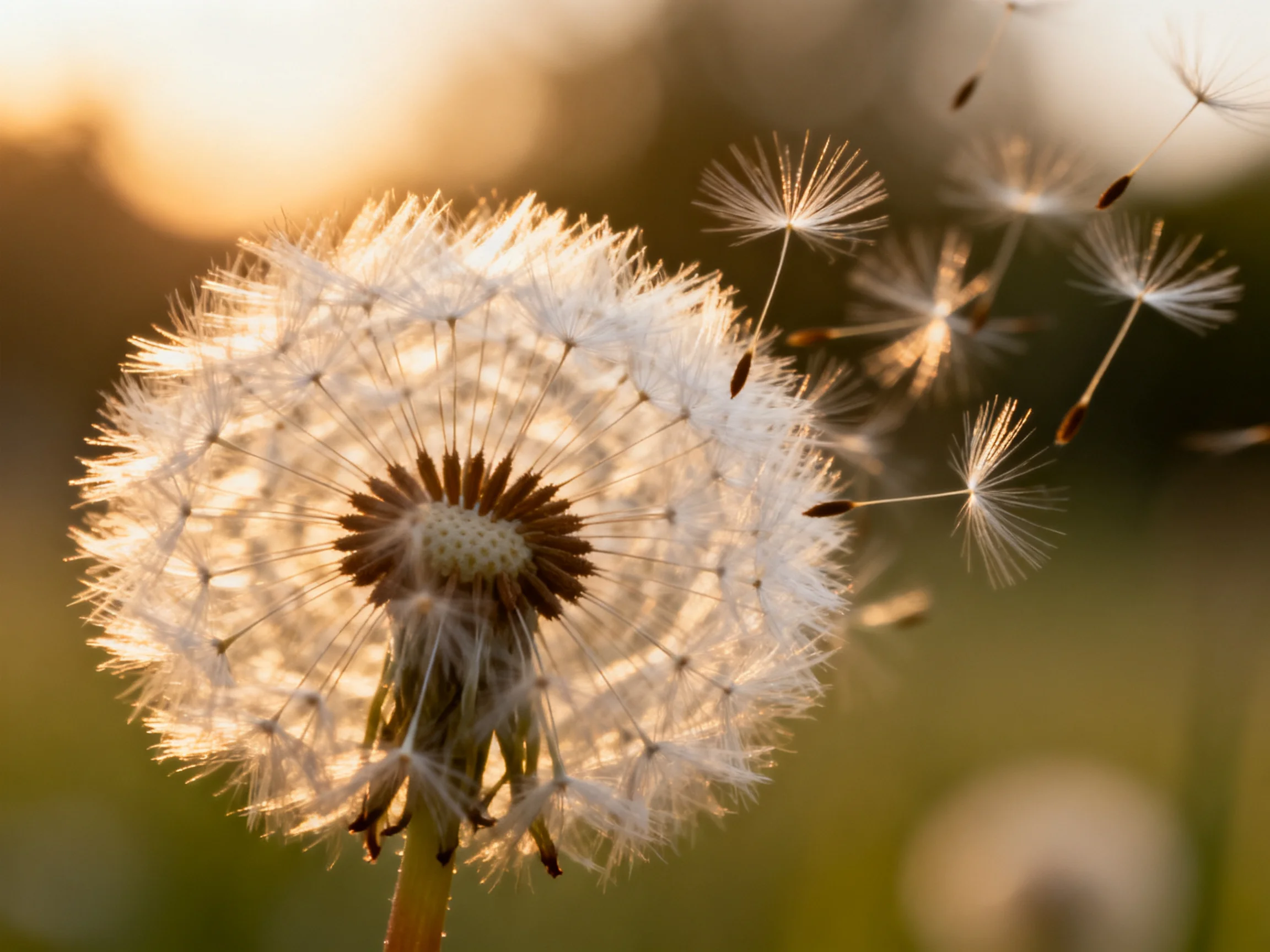 Golden-hour close-up of dandelion seed heads dispersing
