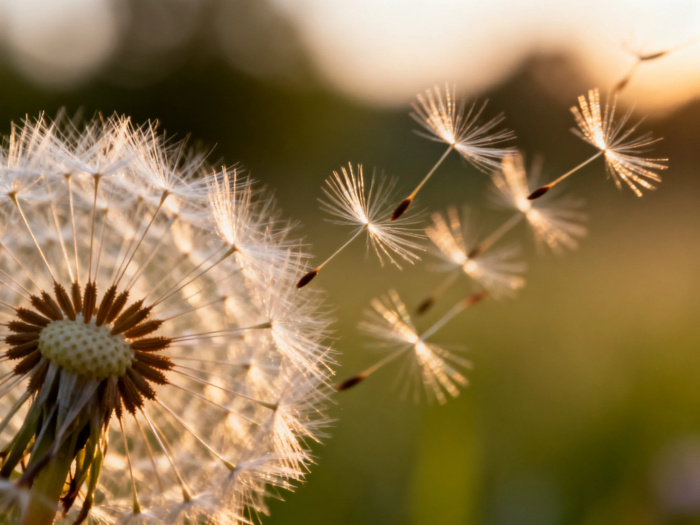 Golden-hour illumination of a dandelion seed head with floating seeds