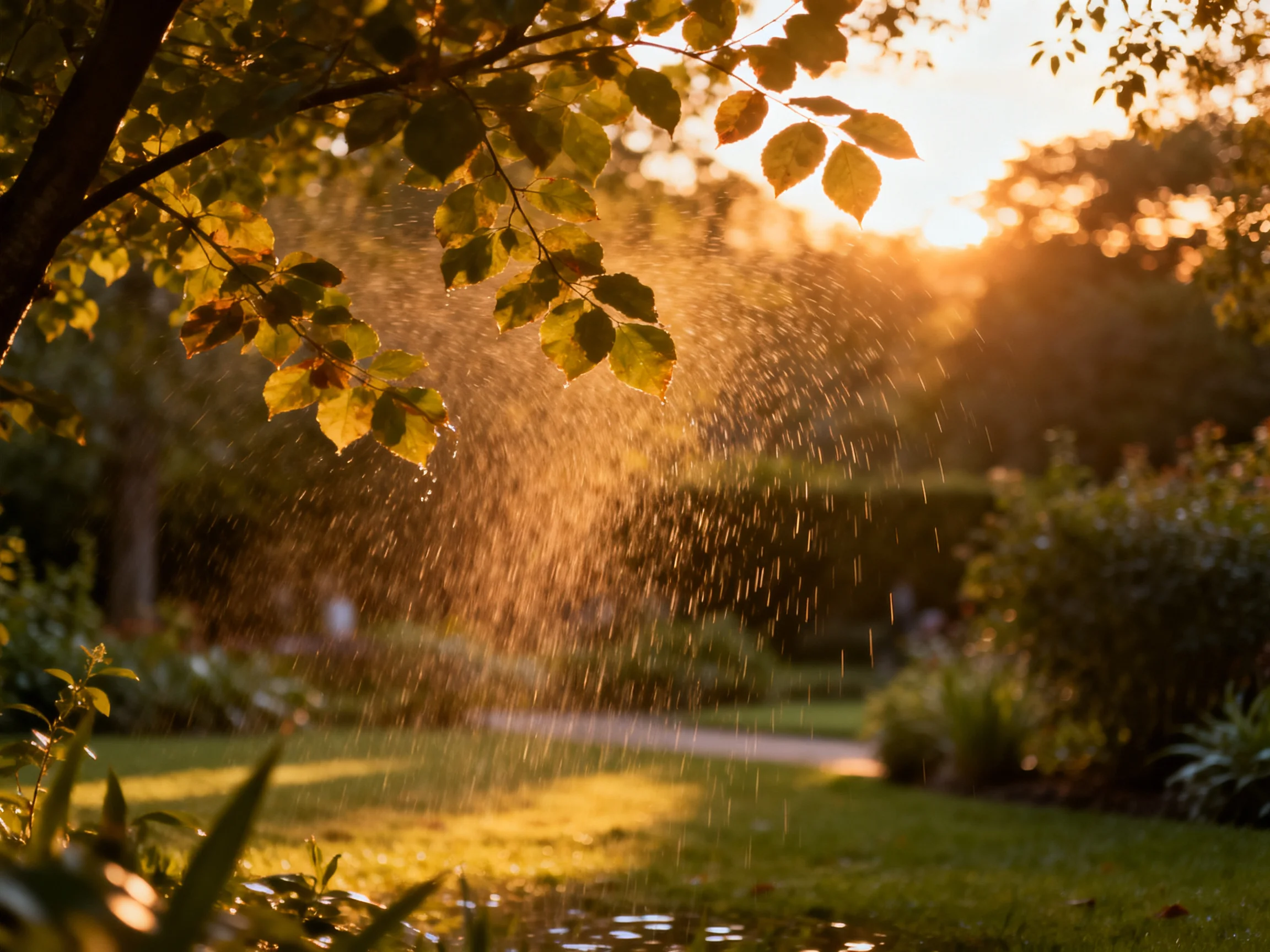 Golden-hour sprinkler sprays illuminate lush green garden foliage with sunlight filtering through lea