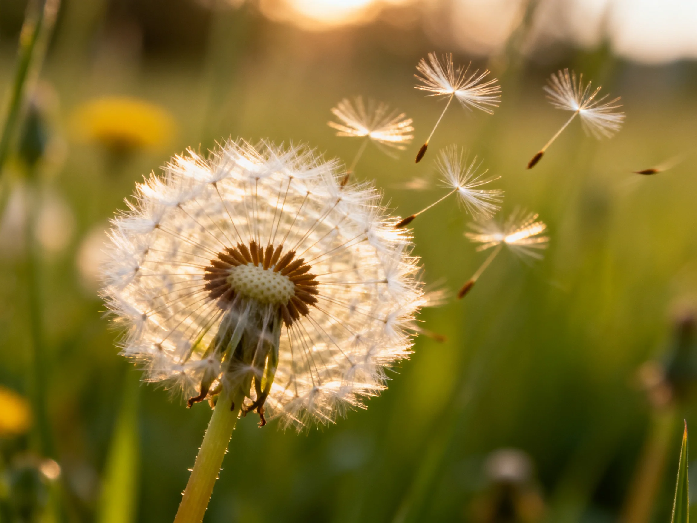 Golden-hued dandelion seed head with floating seeds in a sunlit meadow