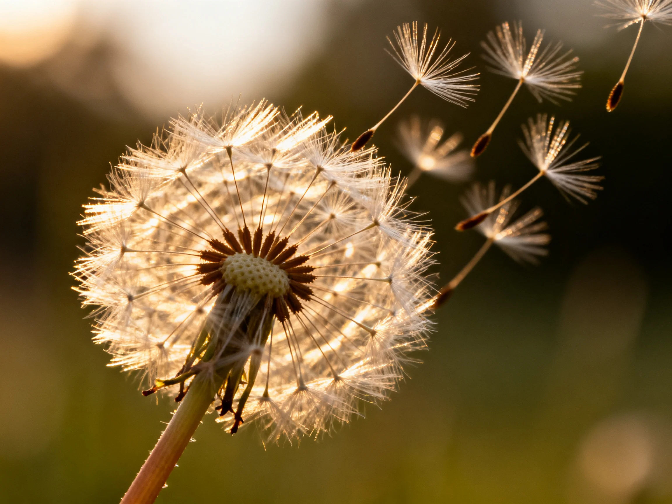 Golden-hued dandelion with floating seed parachutes